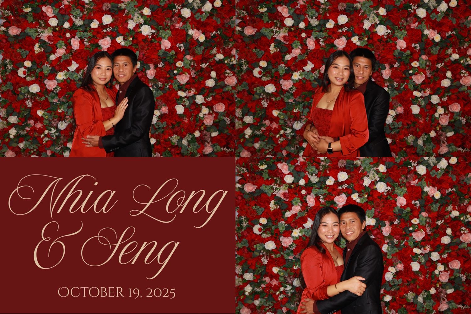 Couple poses in front of red and white floral wall at Nhia Long and Seng wedding photo booth, October 19, 2025.