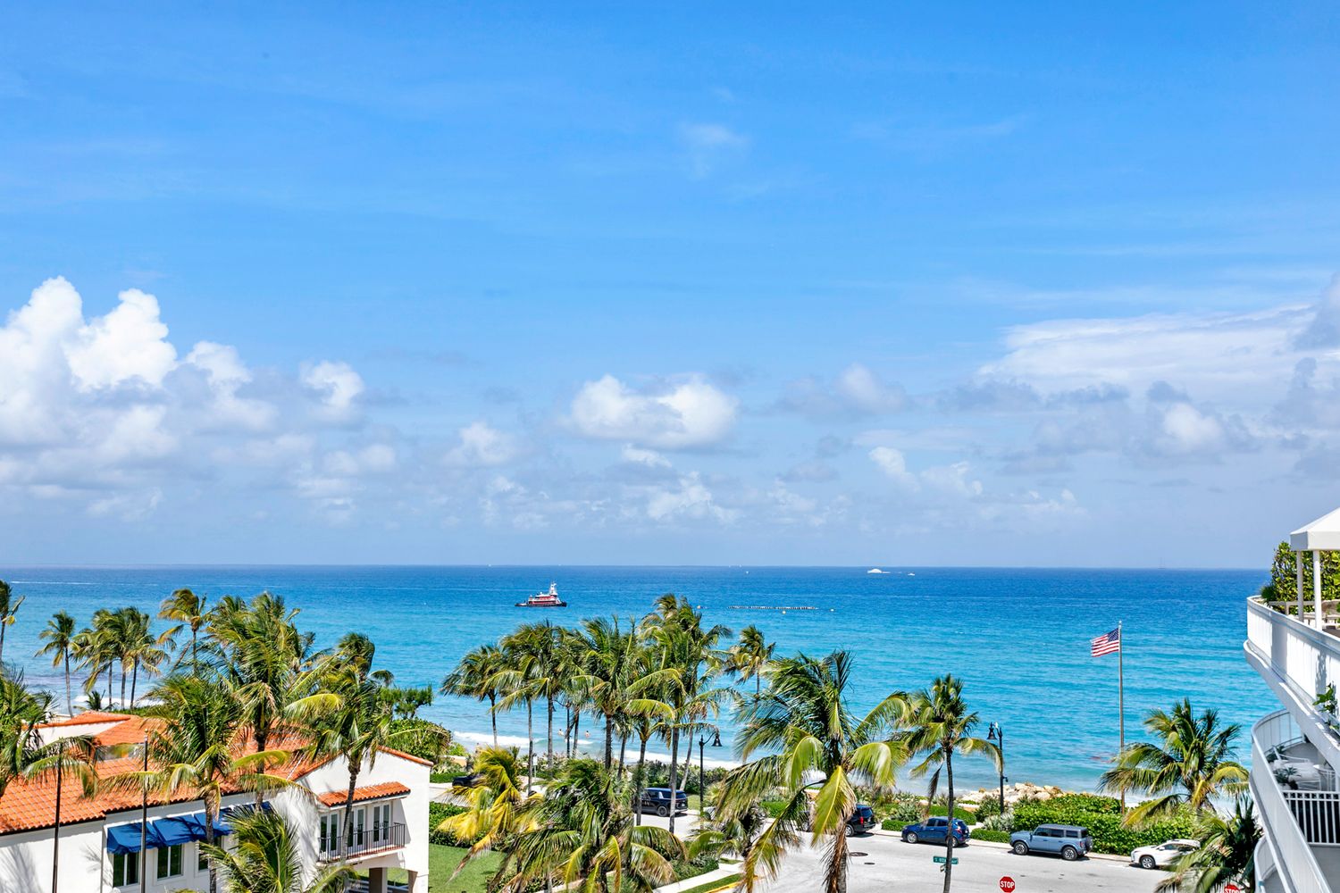 Breathtaking aerial ocean view with turquoise waters, palm trees, High End Professional real estate photography Palm Beach Florida