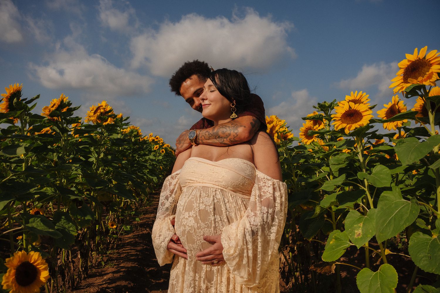 Sunflowers bloom in a field at sunset with warm golden light illuminating the scene.