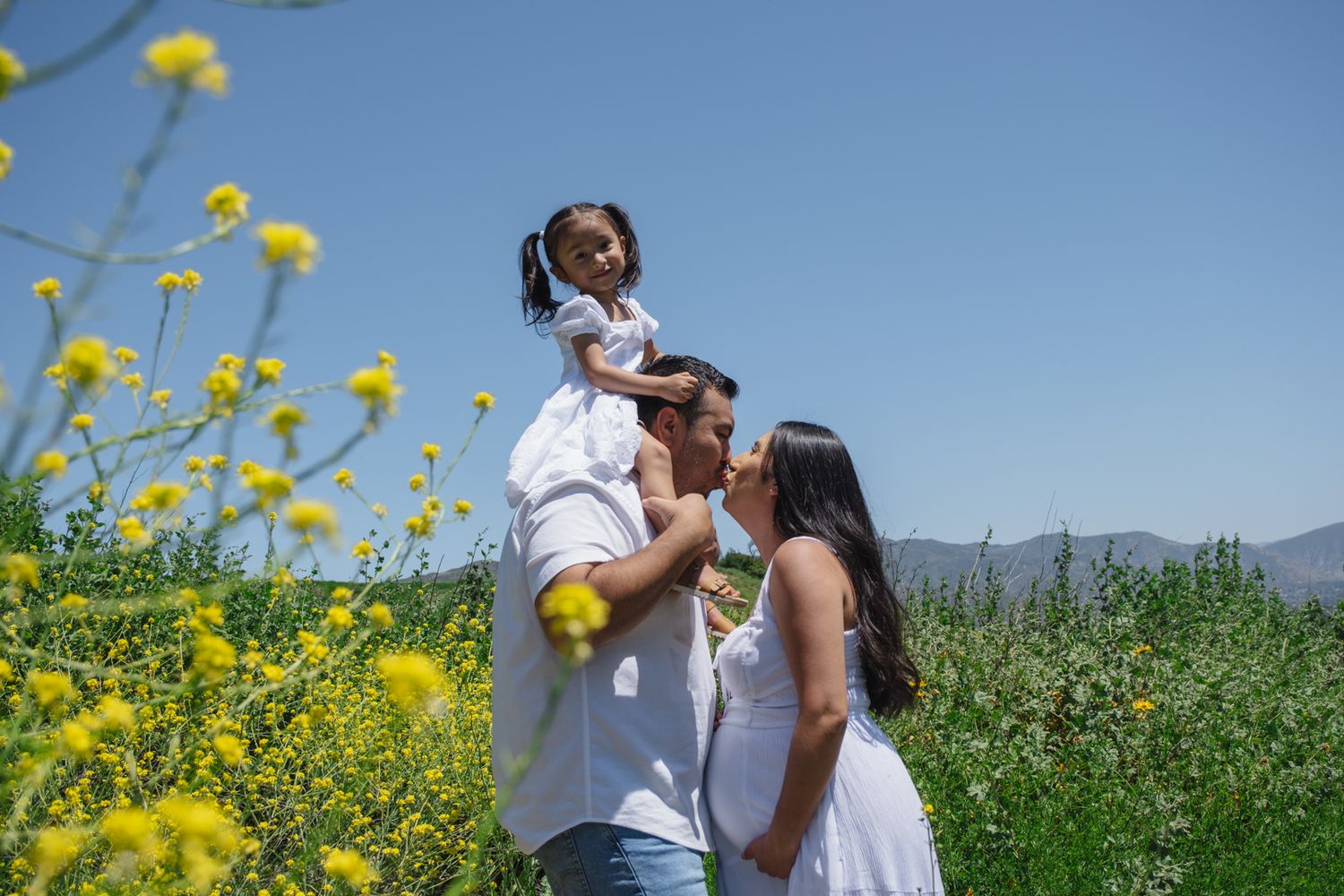 A family stands together in a sunny field of yellow wildflowers with mountains in the background.