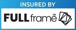 A blue and white insurance logo for FULL frame showing playing card symbols.