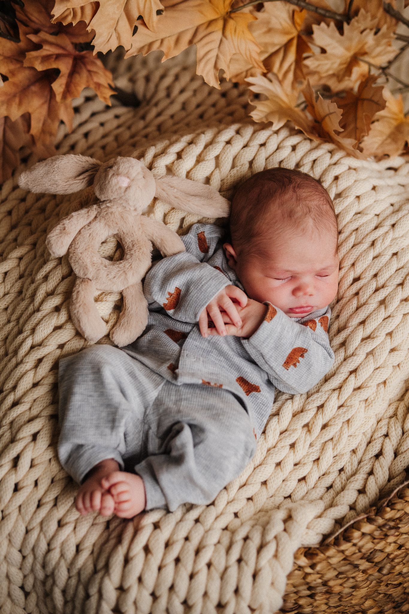 A sleeping baby wearing a gray sweater lies peacefully on a cozy knitted blanket with autumn leaves in the background.