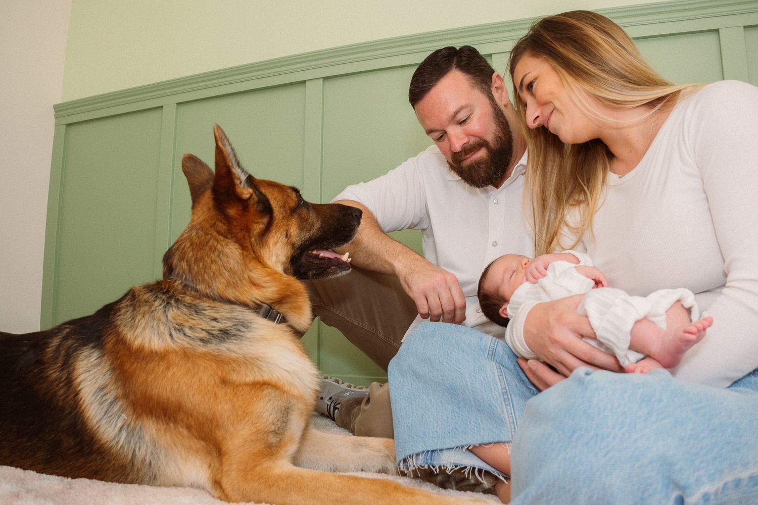 A German Shepherd dog lovingly watches two adults sitting on a bed while holding a small baby.