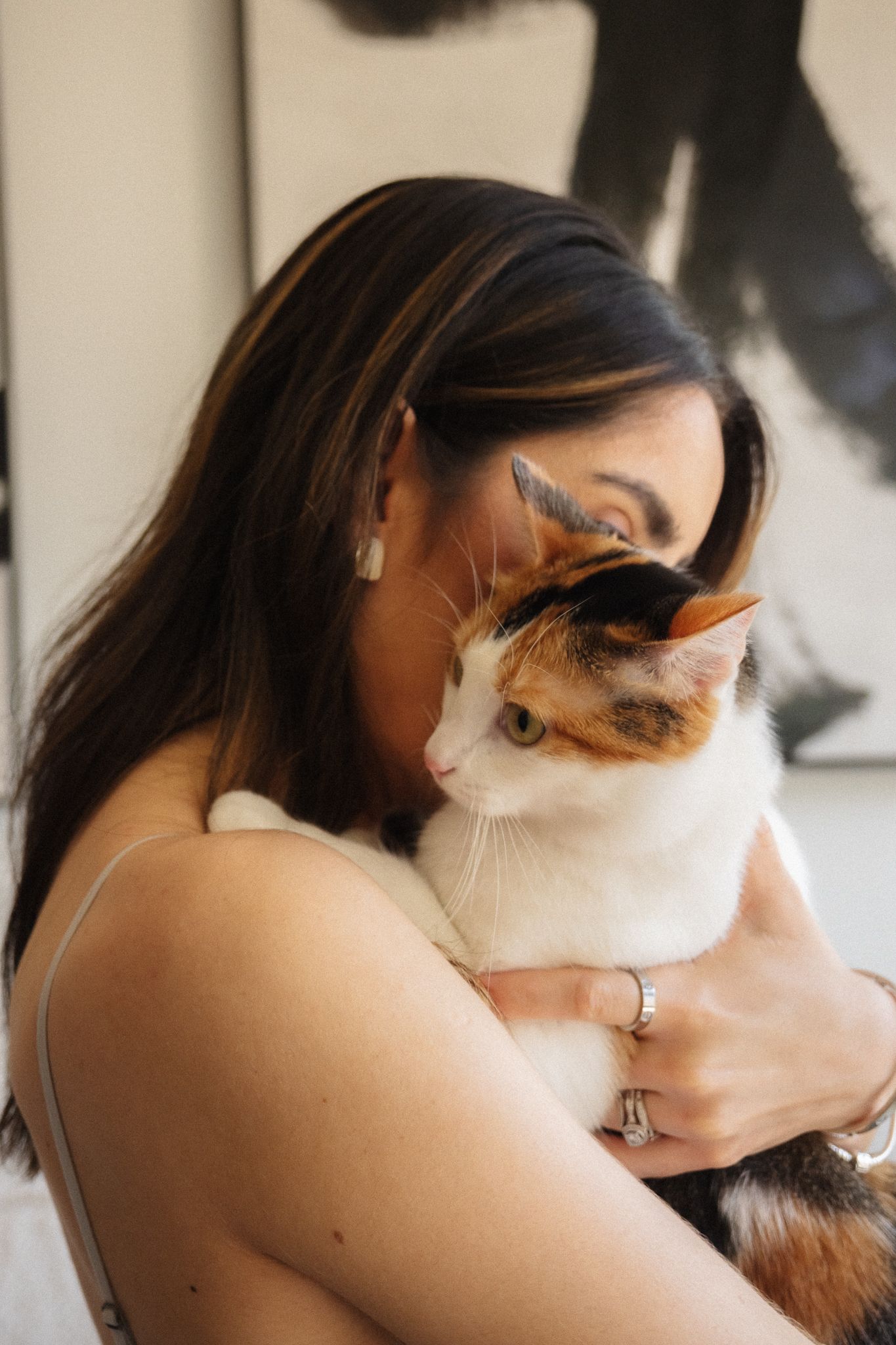 A series of intimate photos showing a person cuddling with a calico cat in a warm embrace.