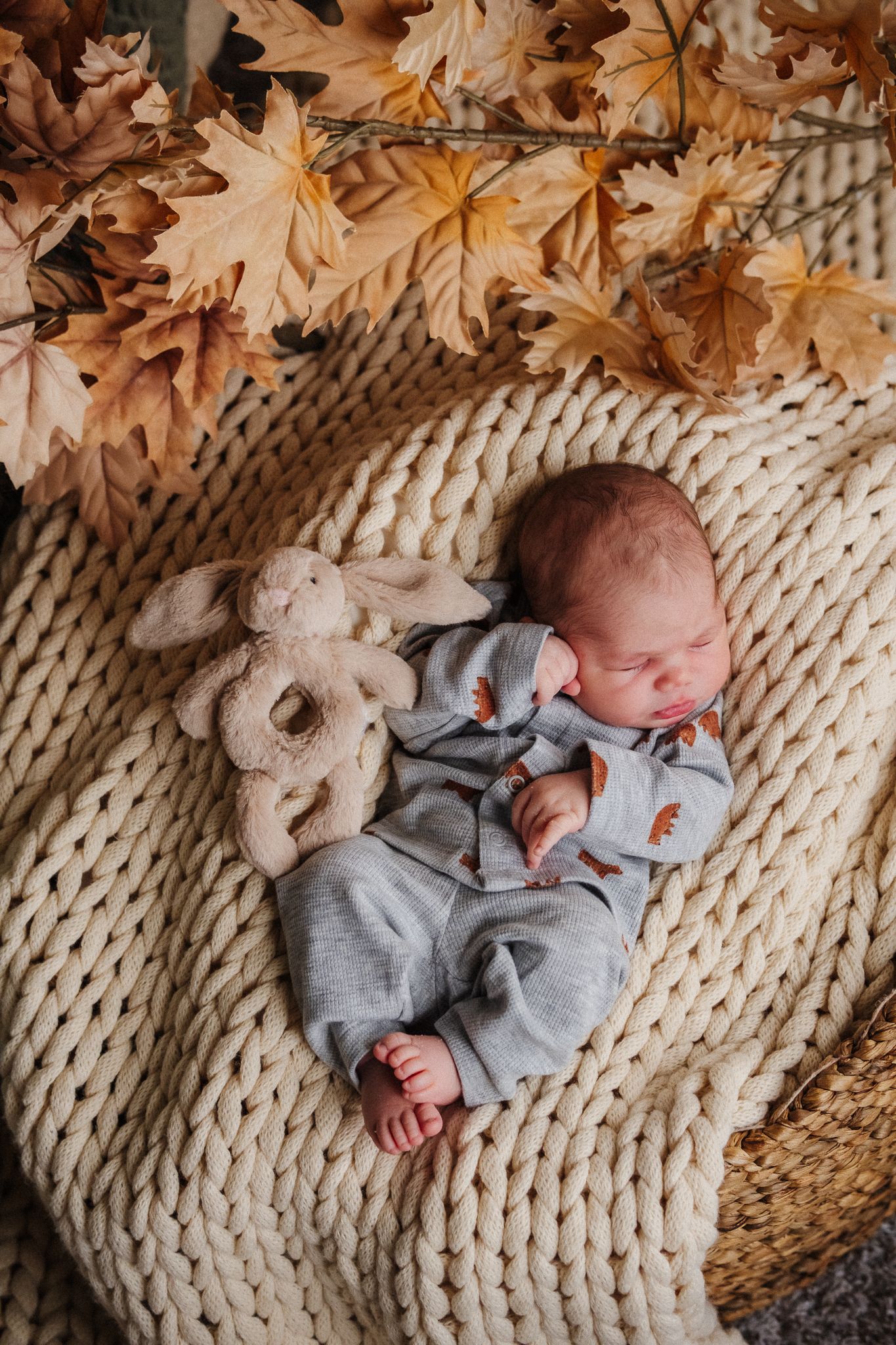 Newborn baby sleeping on chunky knit blanket in gray romper beside plush bunny toy, surrounded by autumn leaves.