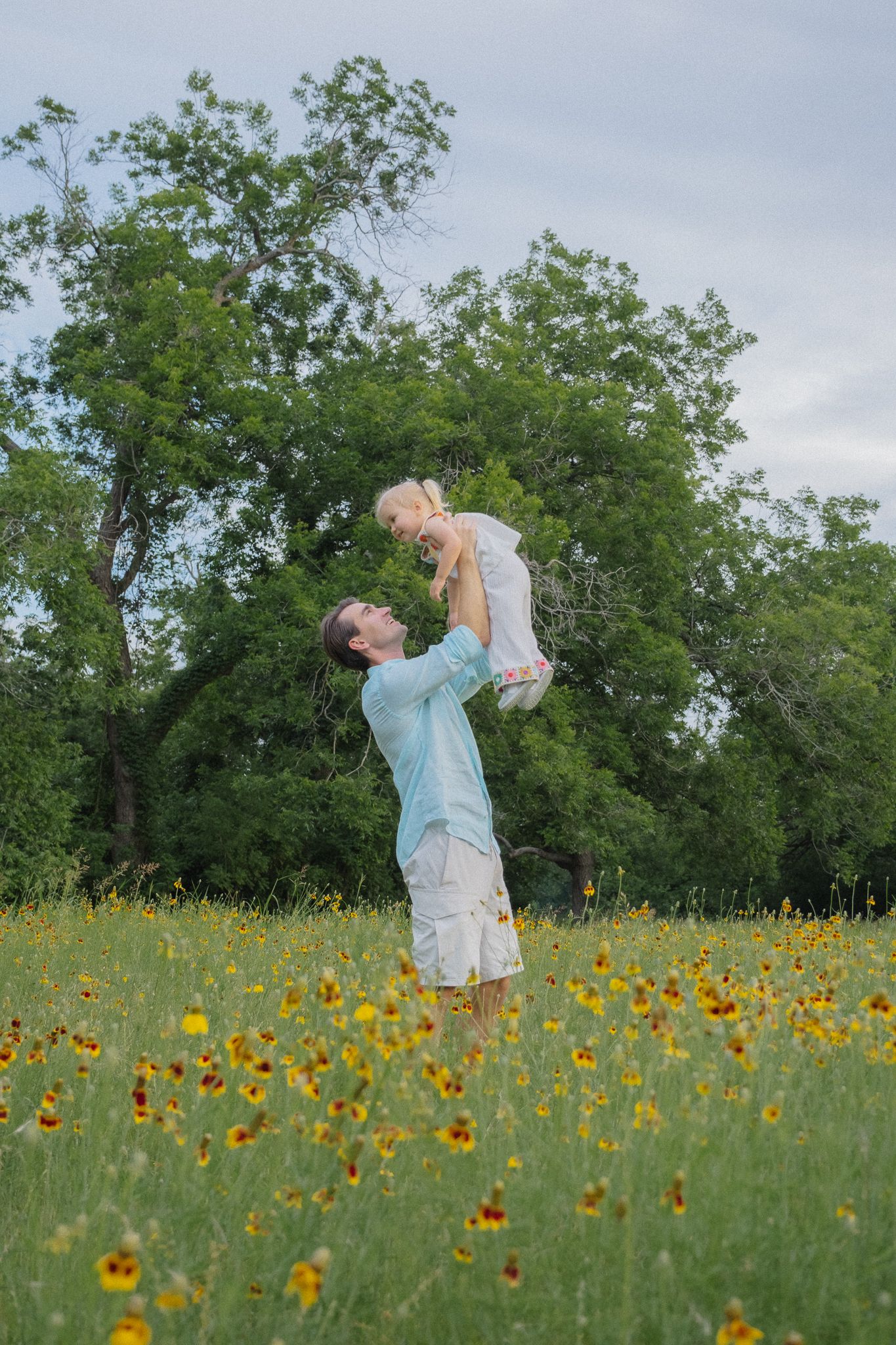 Father lifting toddler in sunny wildflower meadow with yellow blooms and green trees in background.