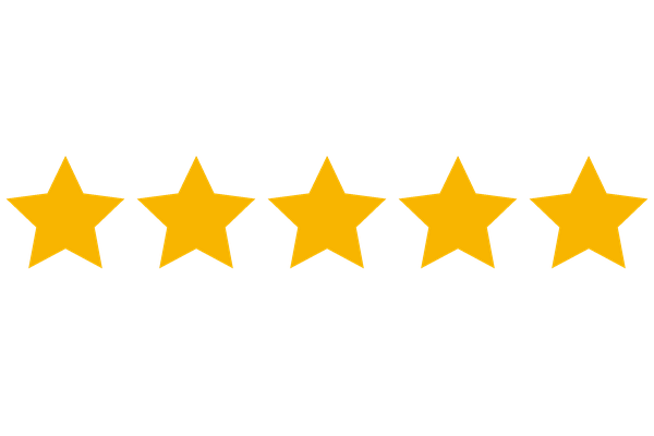 Five golden stars in a row representing a perfect five-star rating on a white background.
