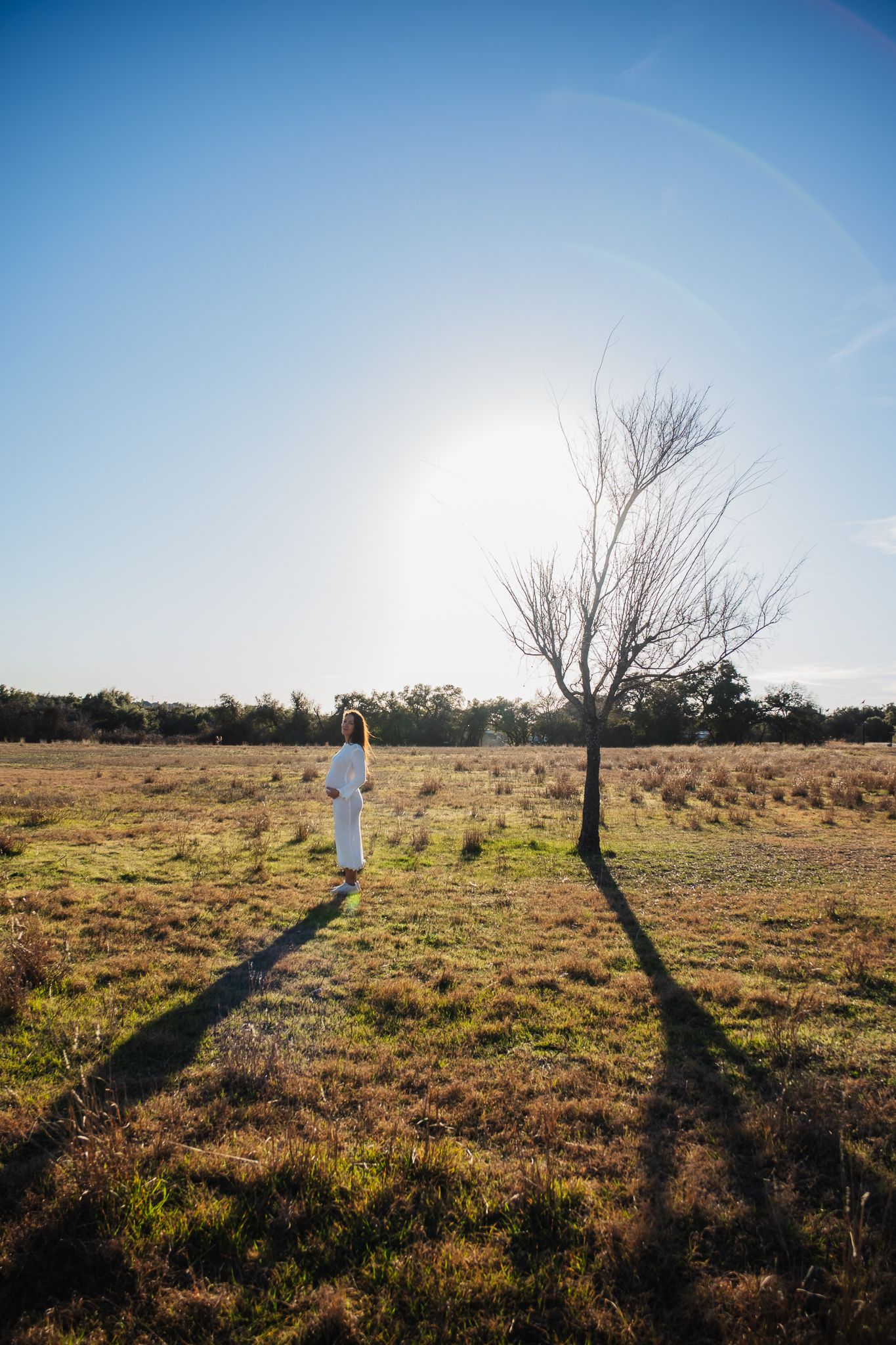 A silhouetted figure in white stands in a sunlit field next to a bare tree casting long shadows.