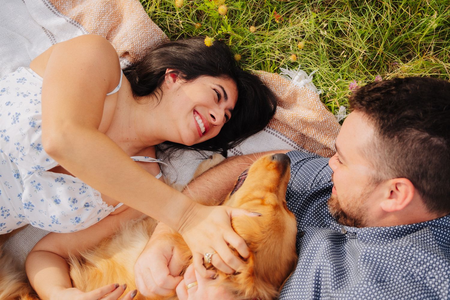 A happy couple lies in the grass with their Golden Retriever puppy during an outdoor photo session.
