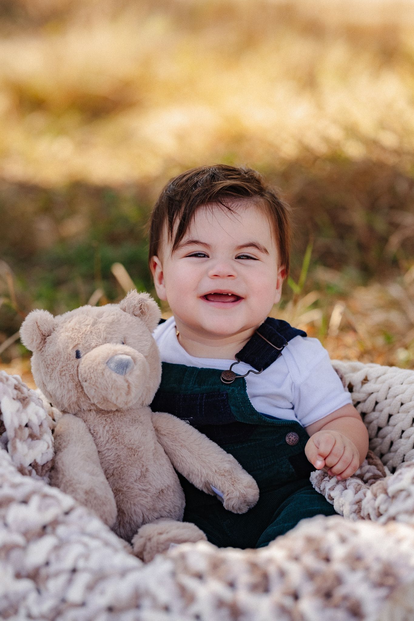 A sequence of photos shows a baby in formal wear lying outdoors with a plush teddy bear on autumn leaves.