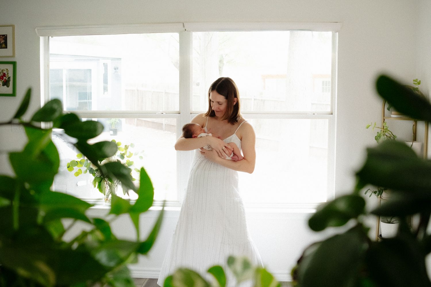 Mother in white dress tenderly holds newborn baby by bright window surrounded by lush green plants.