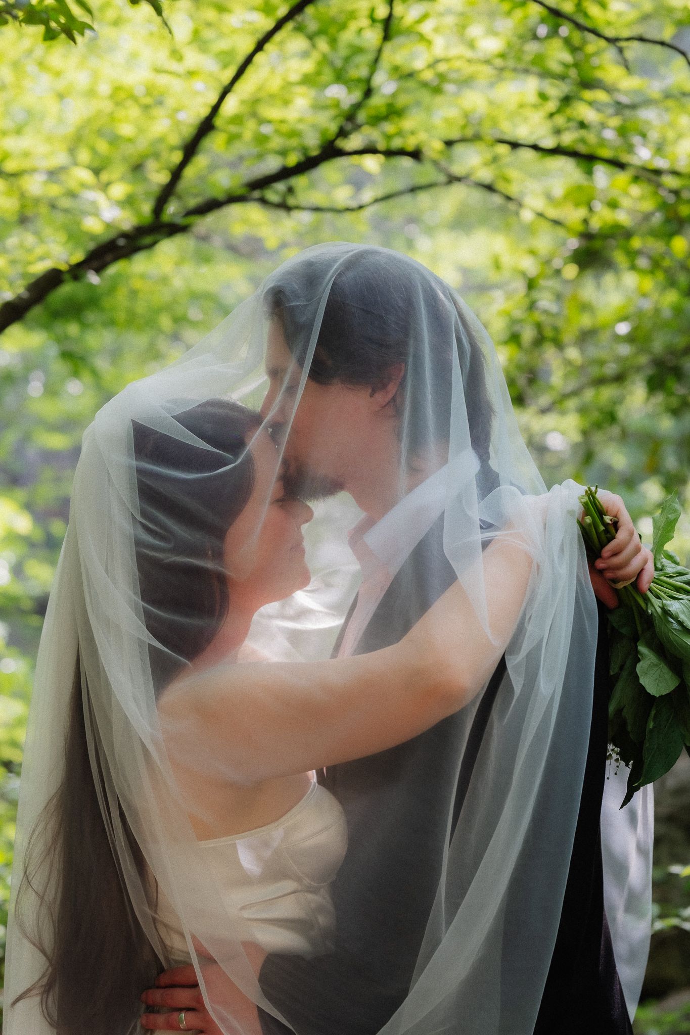 Bride and groom sharing a romantic kiss under a flowing white veil surrounded by lush green trees.