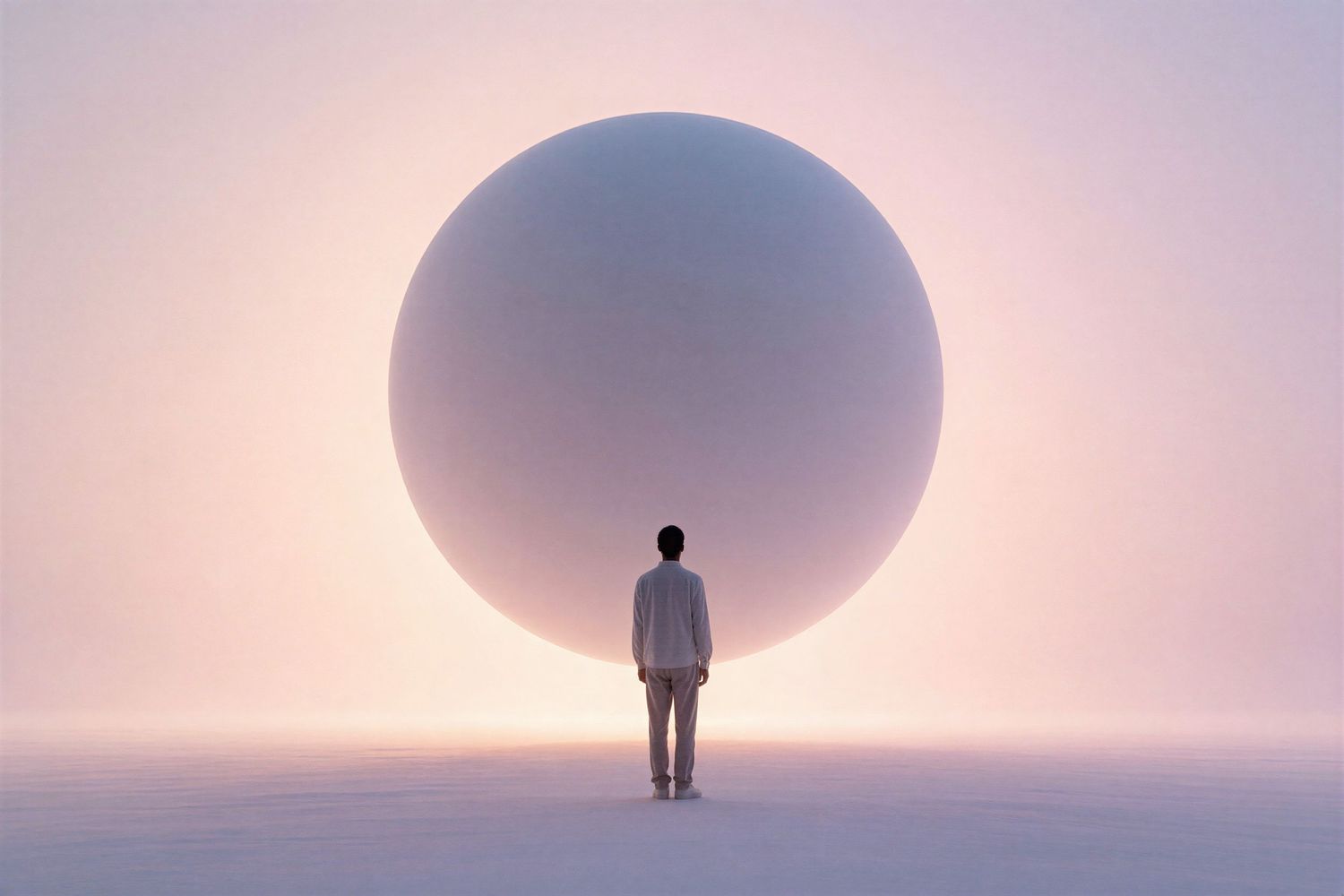 A lone figure stands before an enormous glowing white sphere in a misty minimalist landscape.