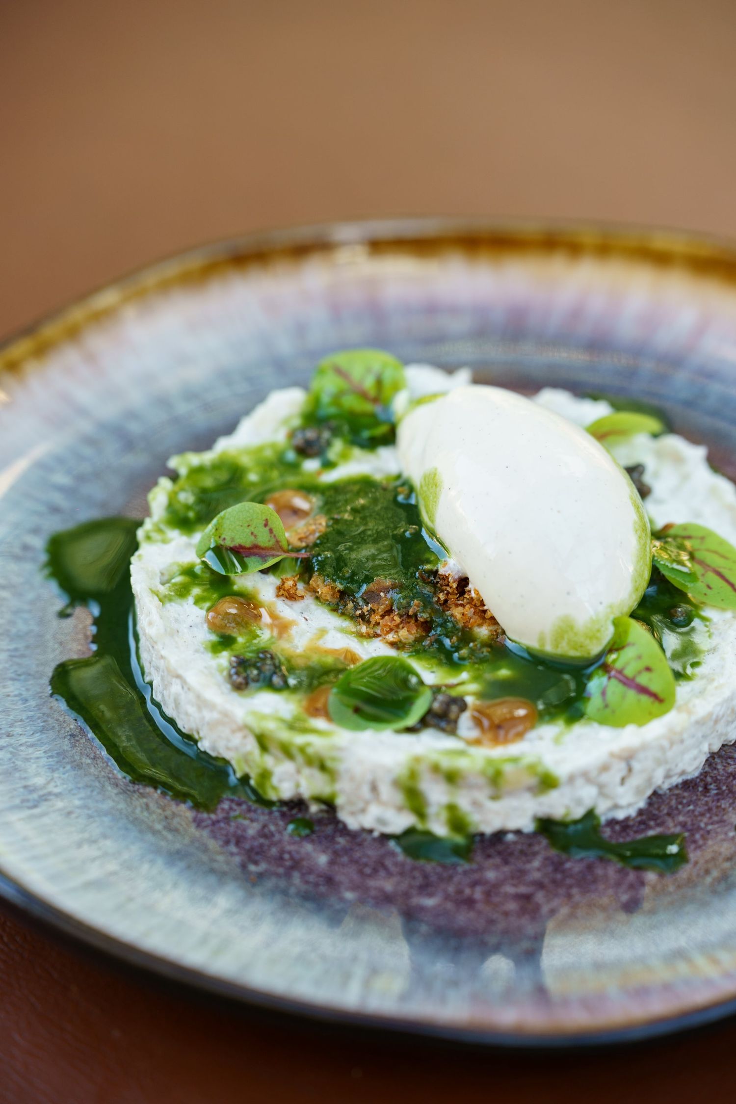 An artistic plate of burrata cheese with vibrant green herb oil, seeds, and fresh spinach on a ceramic dish.