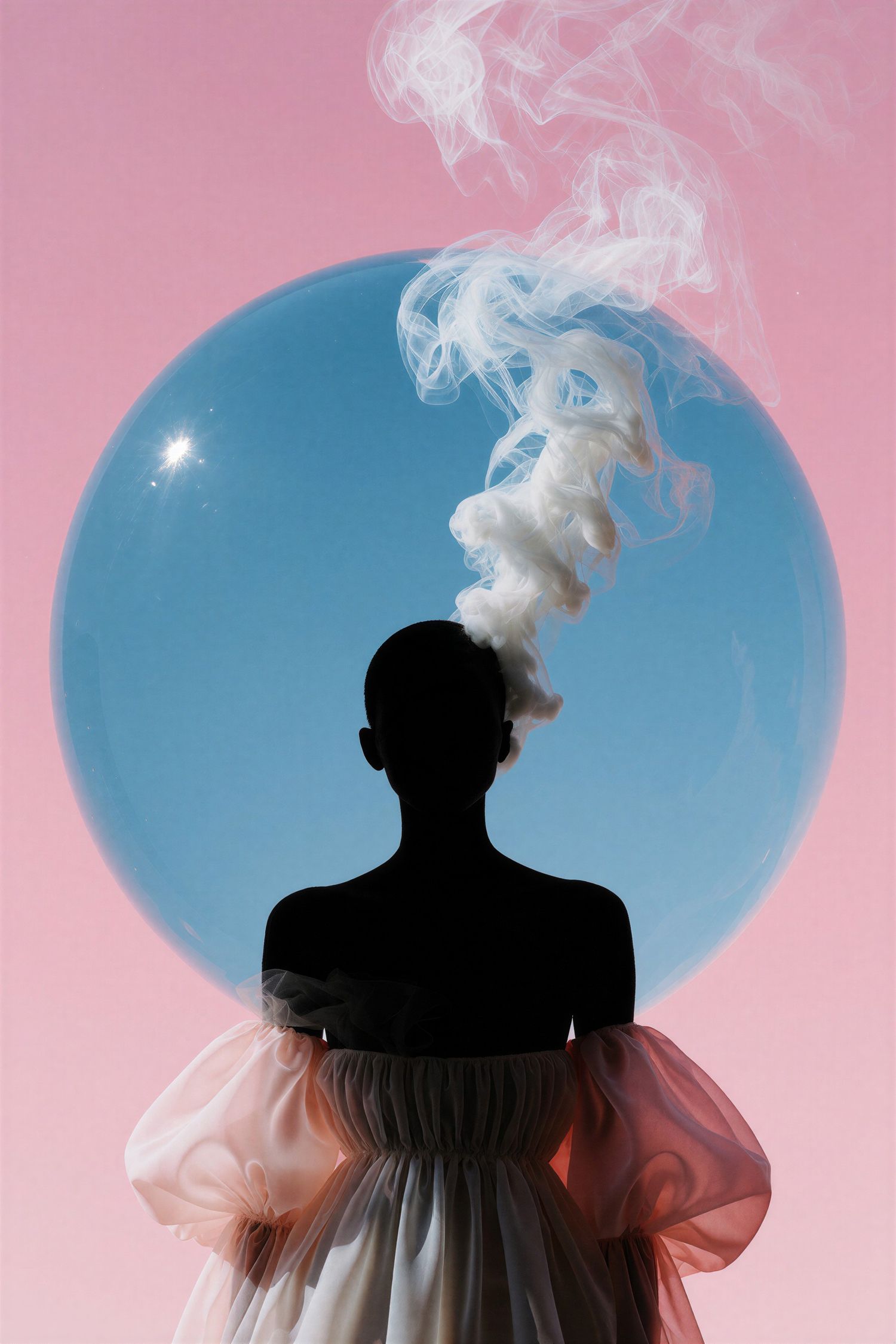 Silhouette of woman with smoke rising before large blue sphere on pink background.