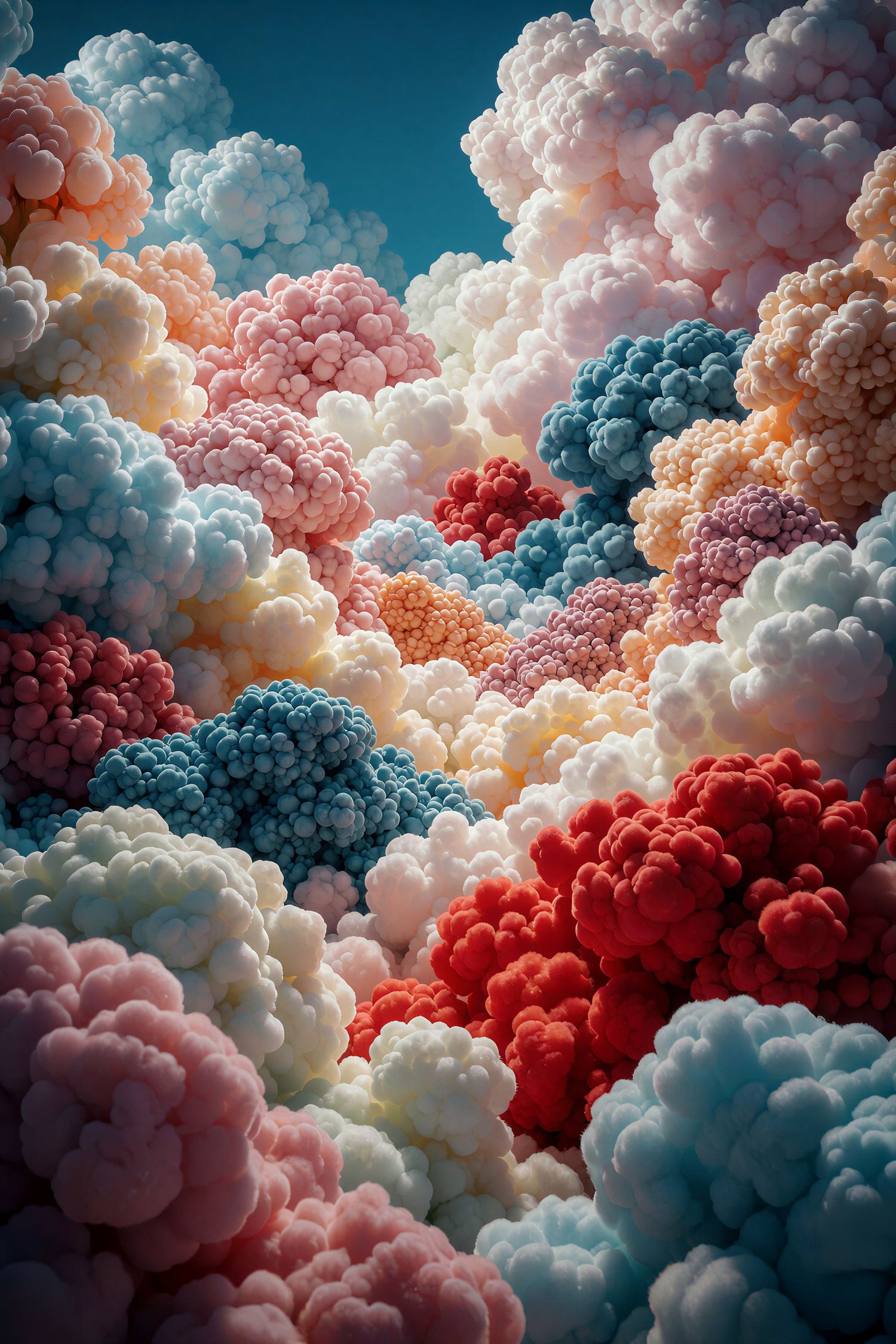 Colorful fluffy clouds in pink, red, blue, and white create a surreal abstract landscape.