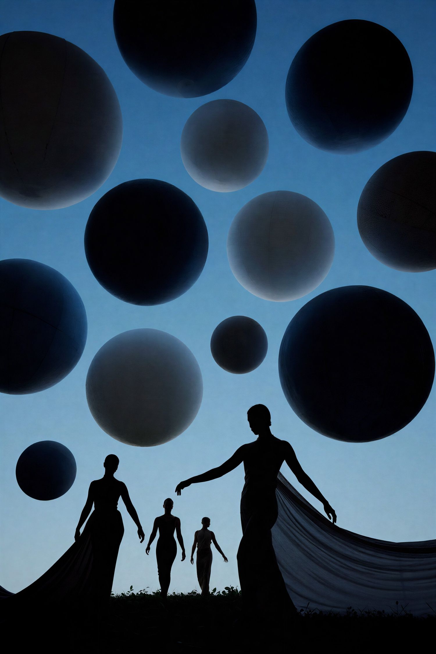 Silhouettes of four figures in flowing garments beneath large floating dark spheres in a blue sky.