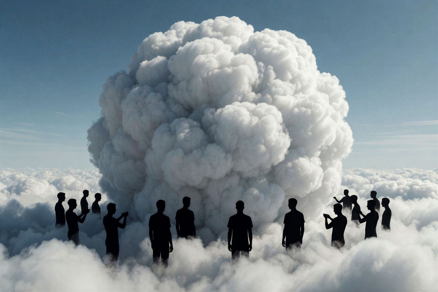 Silhouettes of people standing among clouds beneath a massive white cumulus cloud formation against a blue sky.