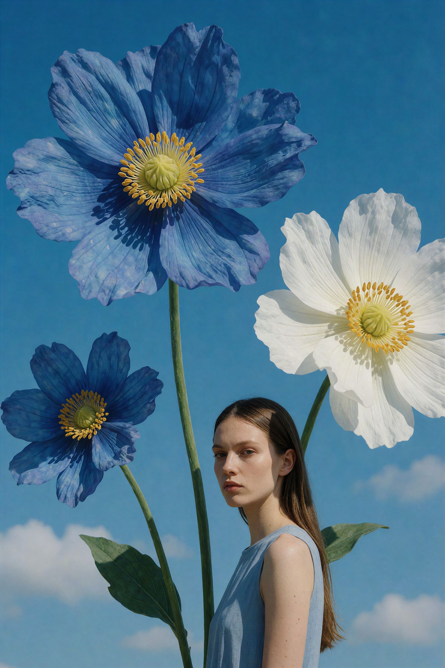 Woman standing beside oversized blue and white flowers against a blue sky.