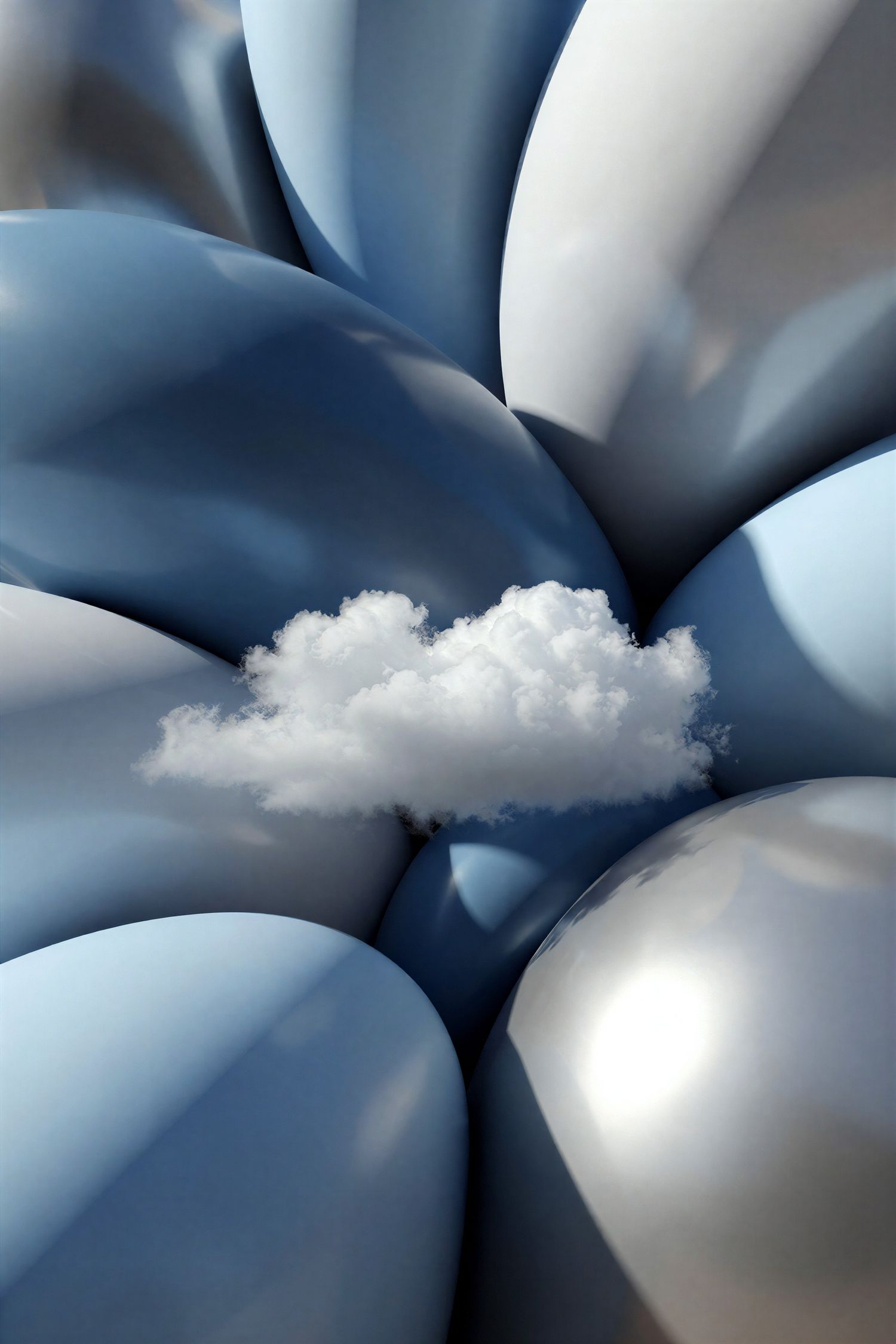 A single white fluffy cloud nestled between large glossy blue and silver balloon-like spheres.