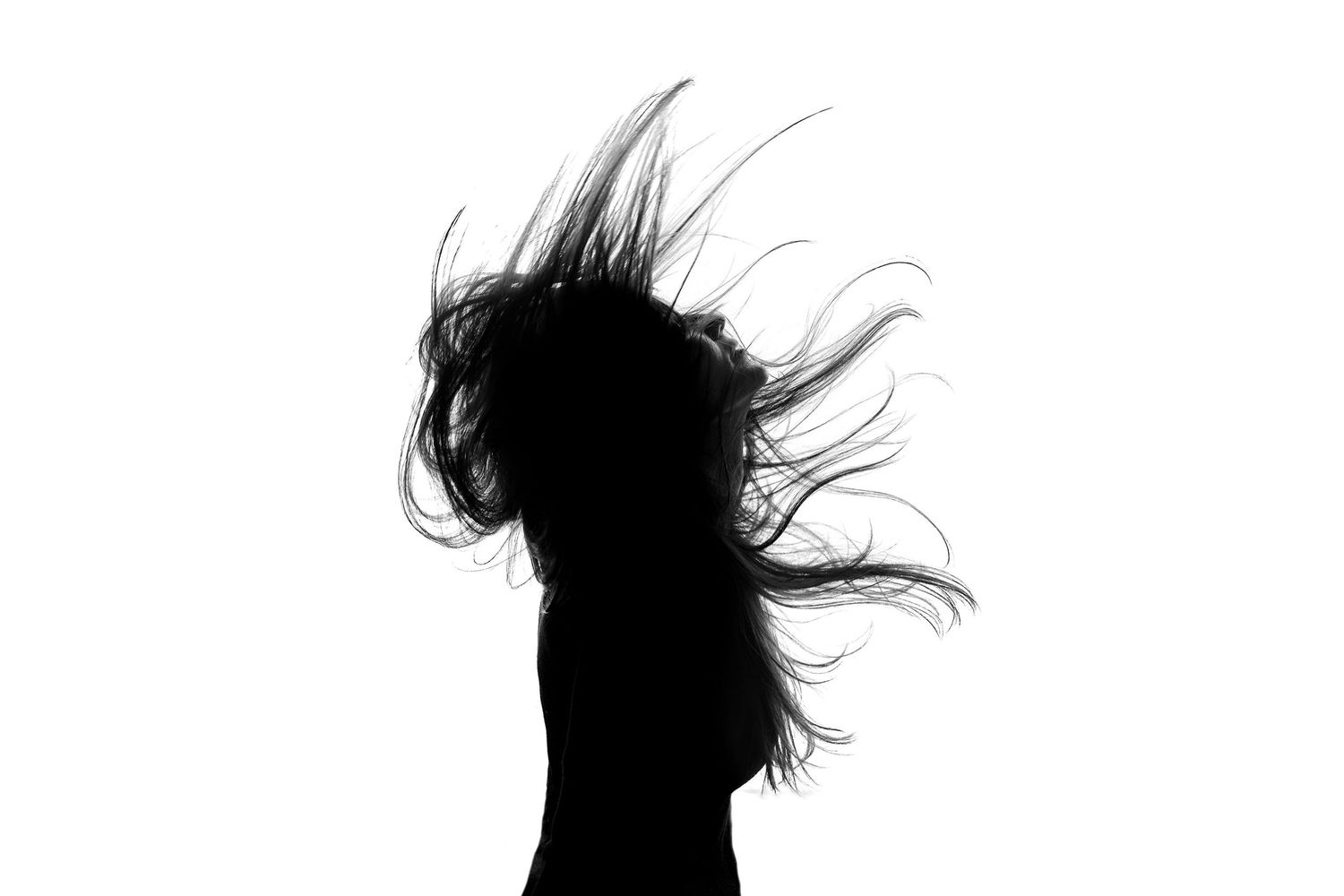 Black and white silhouette of a woman with long hair blowing dramatically in the wind.
