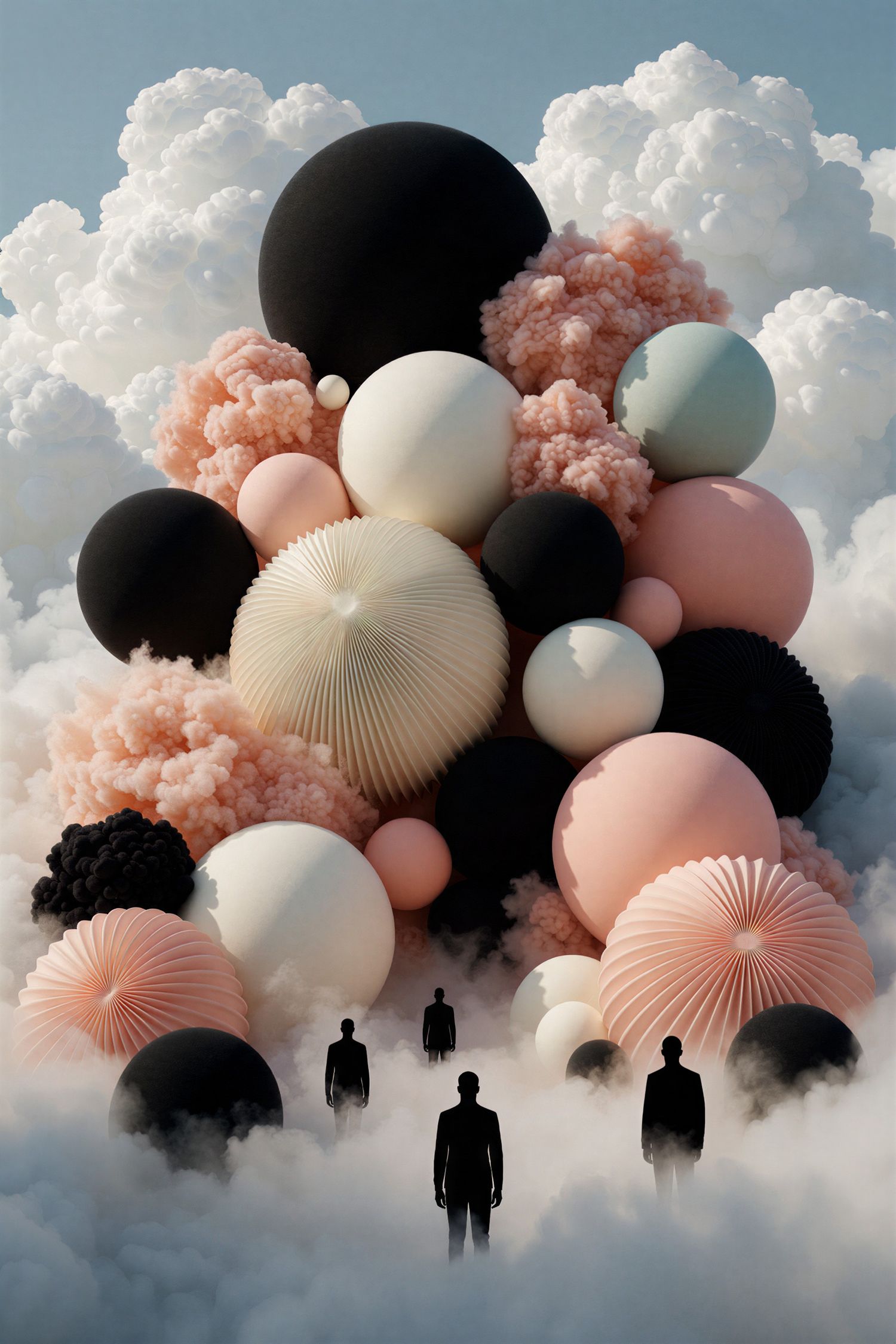 Silhouettes of three figures standing before a surreal arrangement of pastel and black spheres in clouds.
