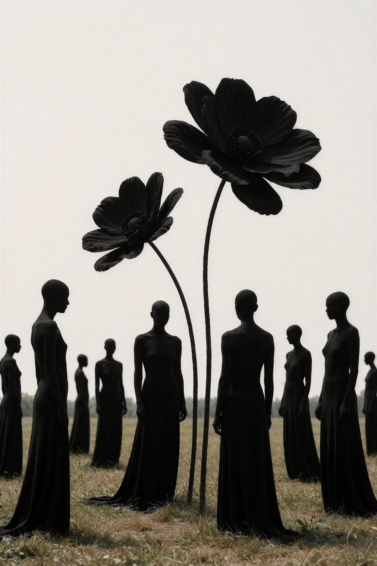 Dark silhouettes of figures standing near giant black flowers in open field.