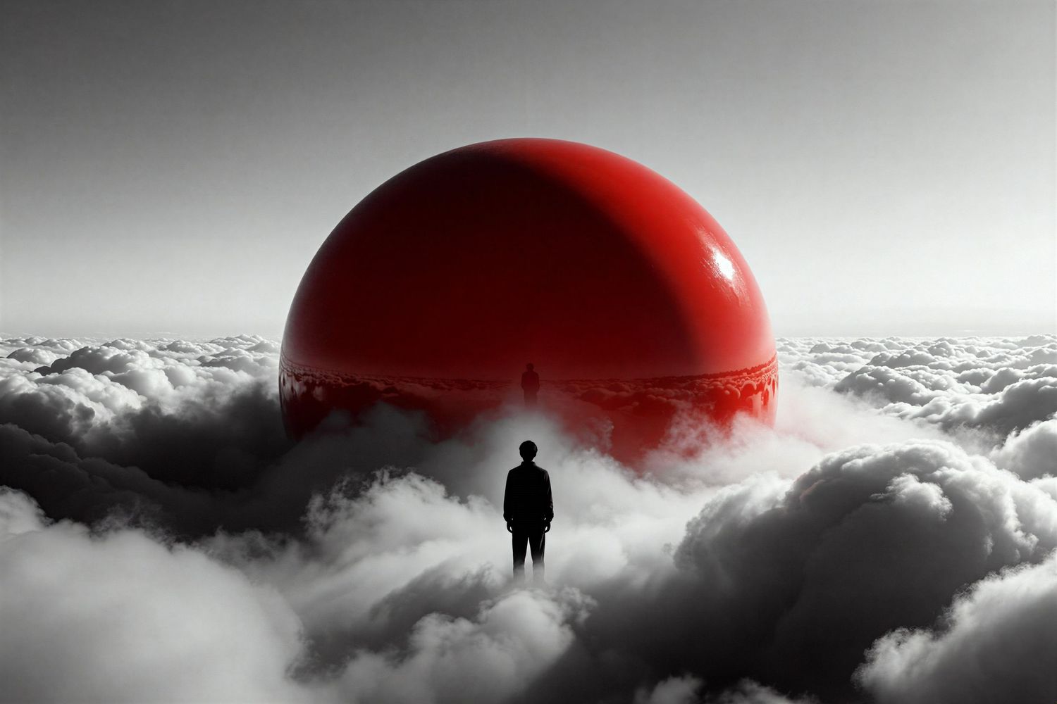 Lone silhouette standing before a massive red sphere emerging from white clouds in a dramatic monochrome landscape.
