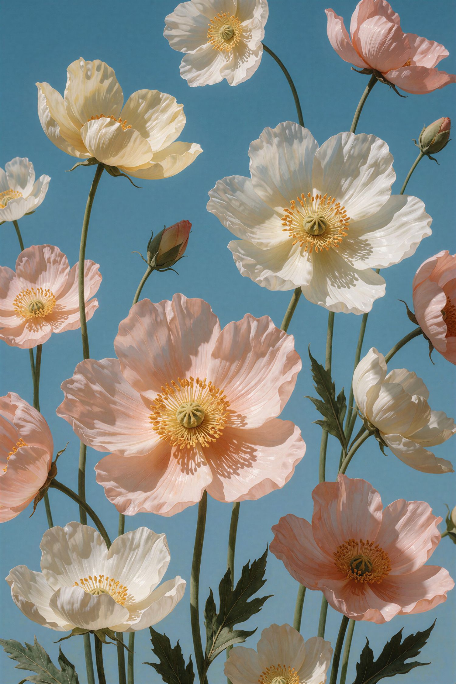 Delicate pink and white poppy flowers bloom against a clear blue sky.