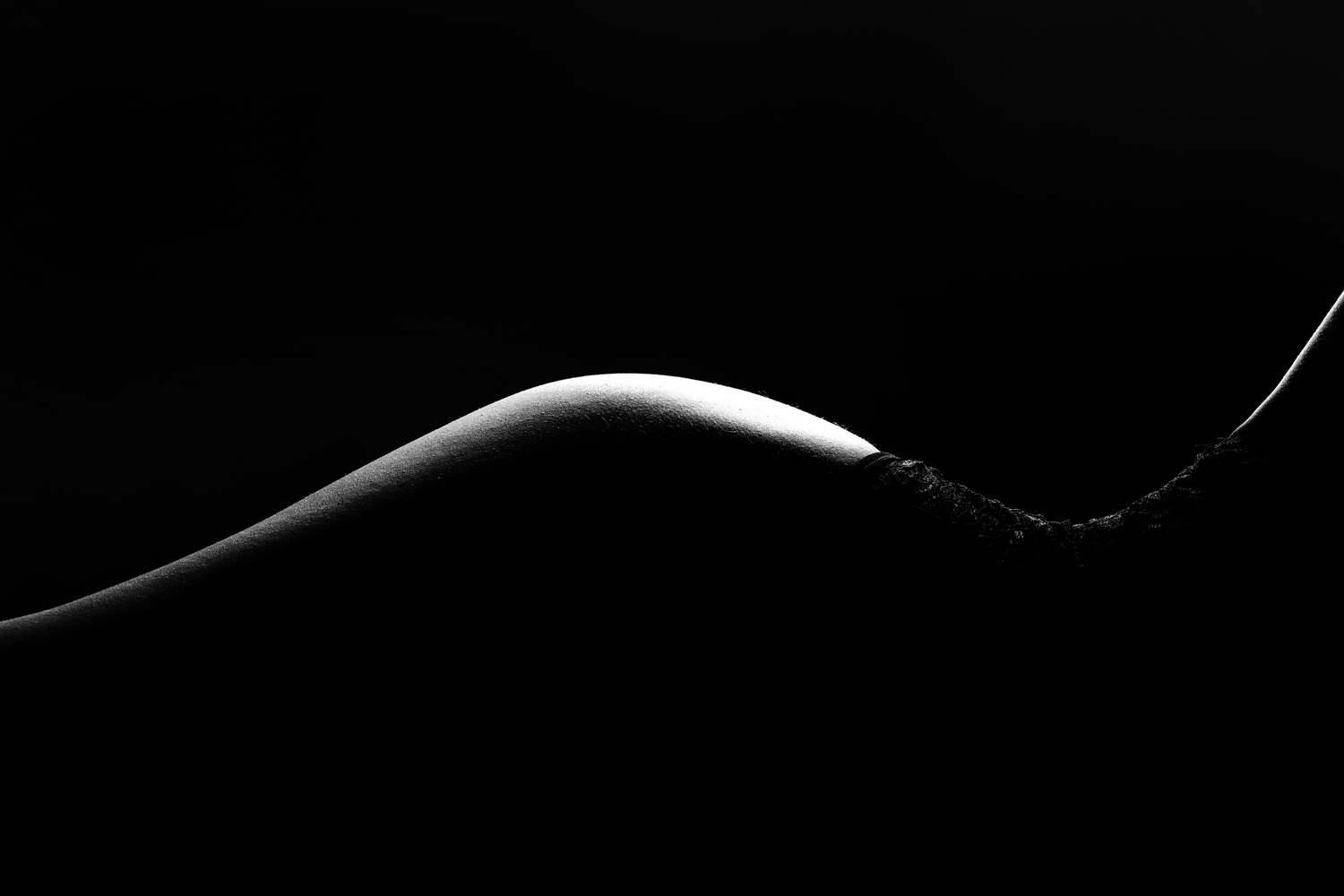 Artistic black and white bodyscape photograph highlighting the curves of a human form against dark background.