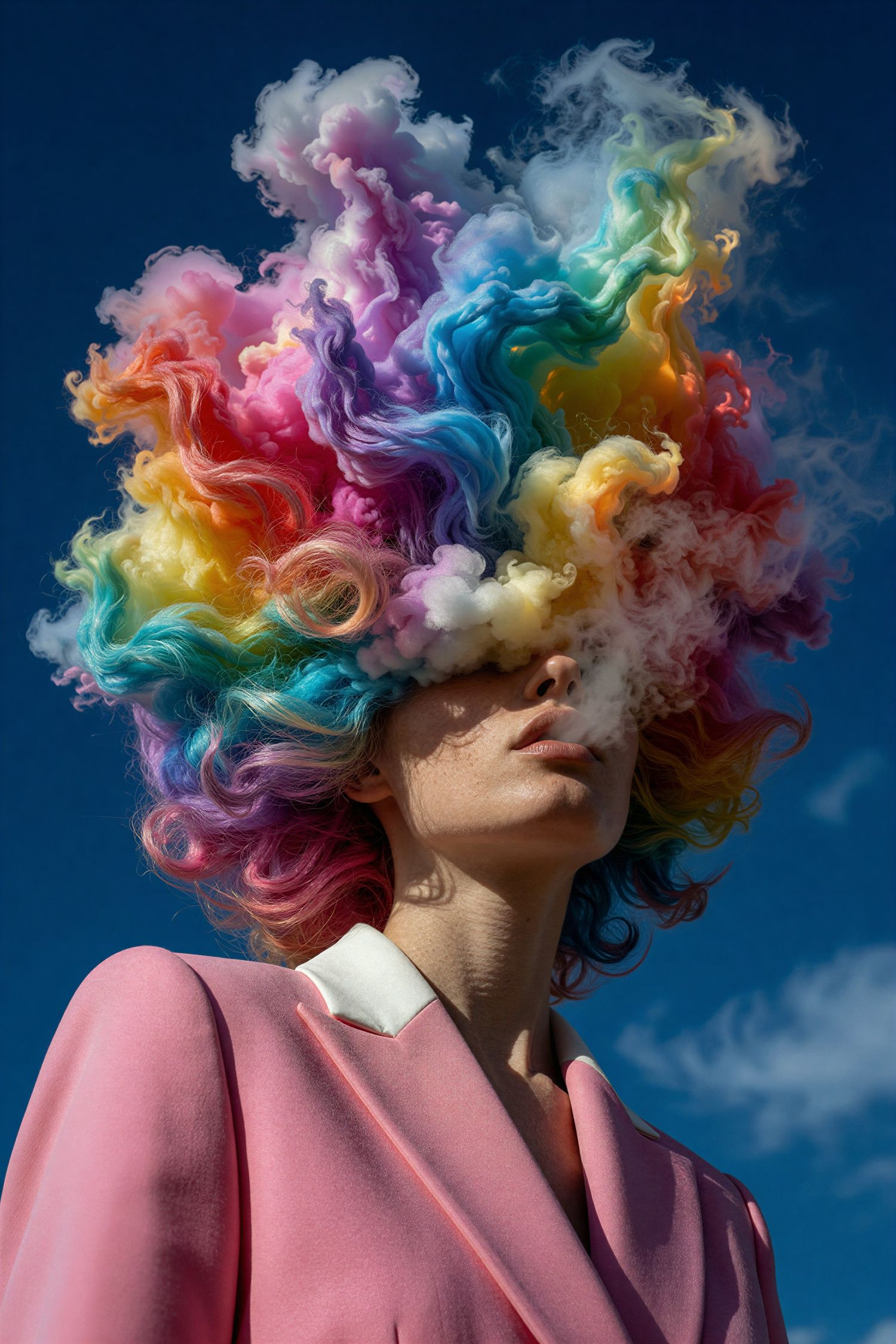 Woman in pink blazer with vibrant rainbow-colored smoke cloud hair against a deep blue sky.