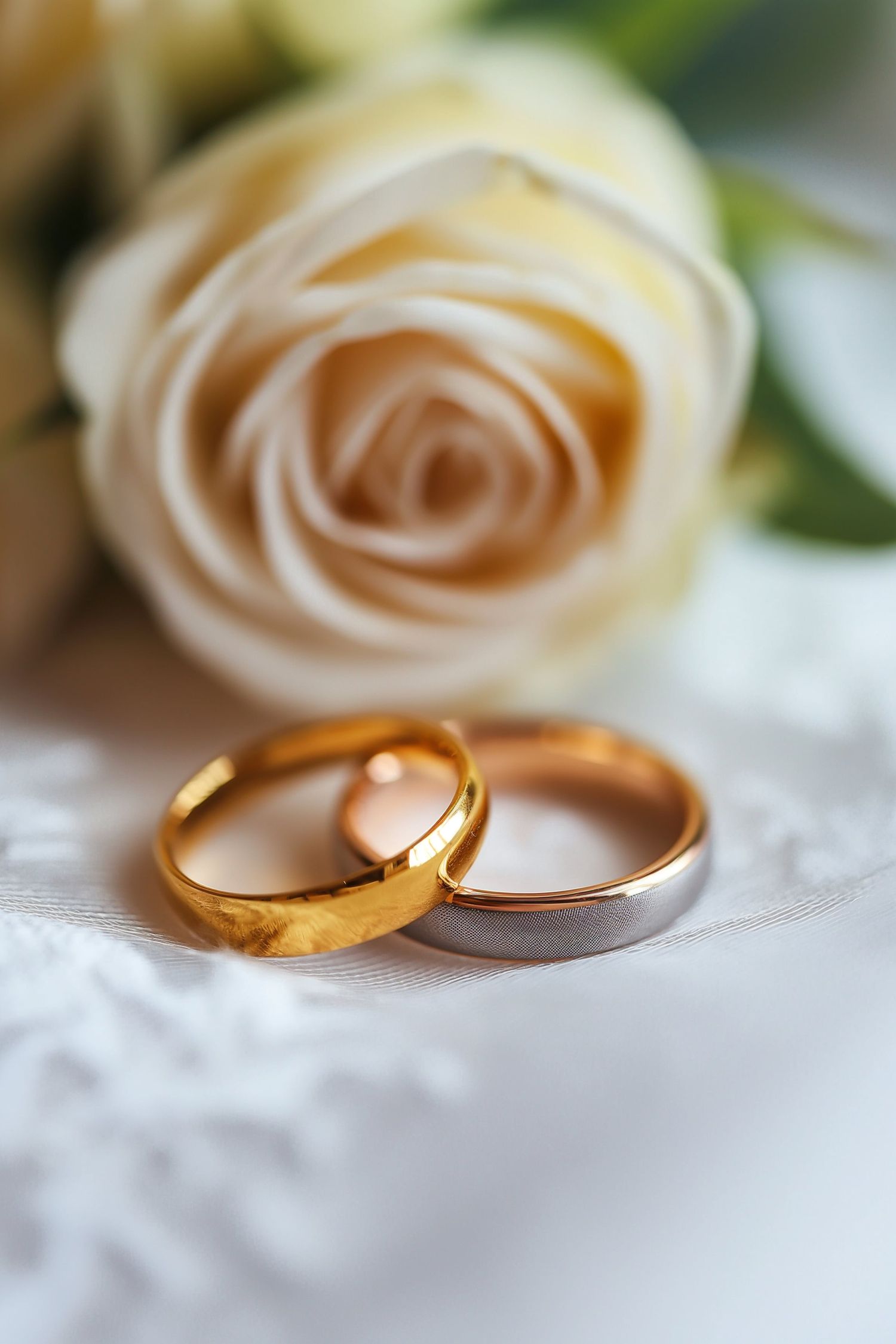 Two gold and silver wedding rings resting together with soft white roses in the background.