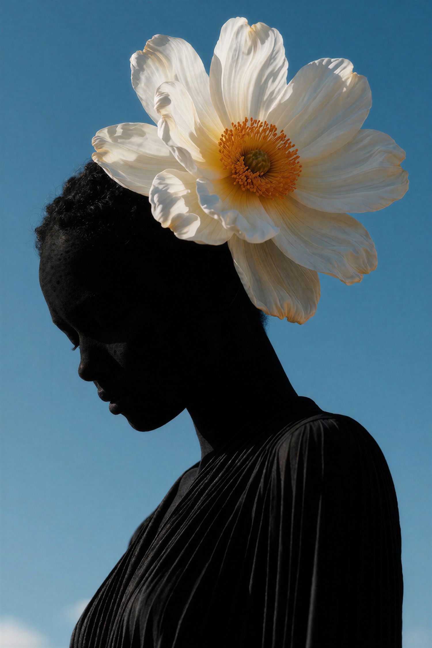 Silhouette of a person with a large white flower on their head against blue sky.