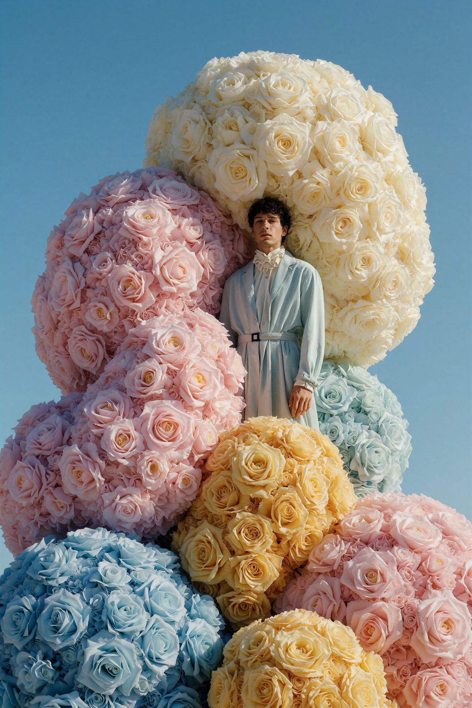 Man standing among large colorful pastel rose ball arrangements in pink, yellow, blue and white against blue sky.