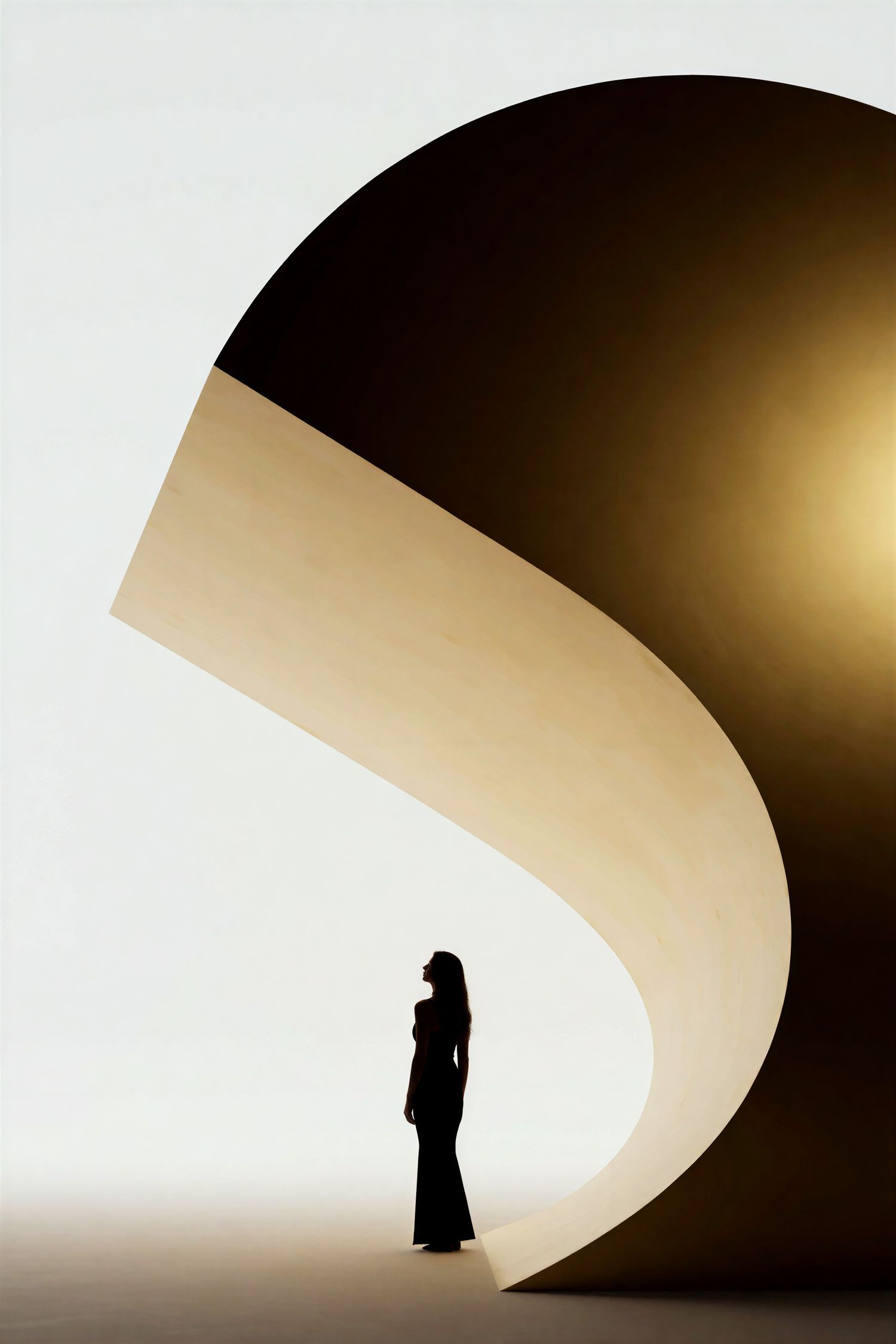 Silhouette of a woman standing beneath a large golden curved architectural spiral structure on white background.