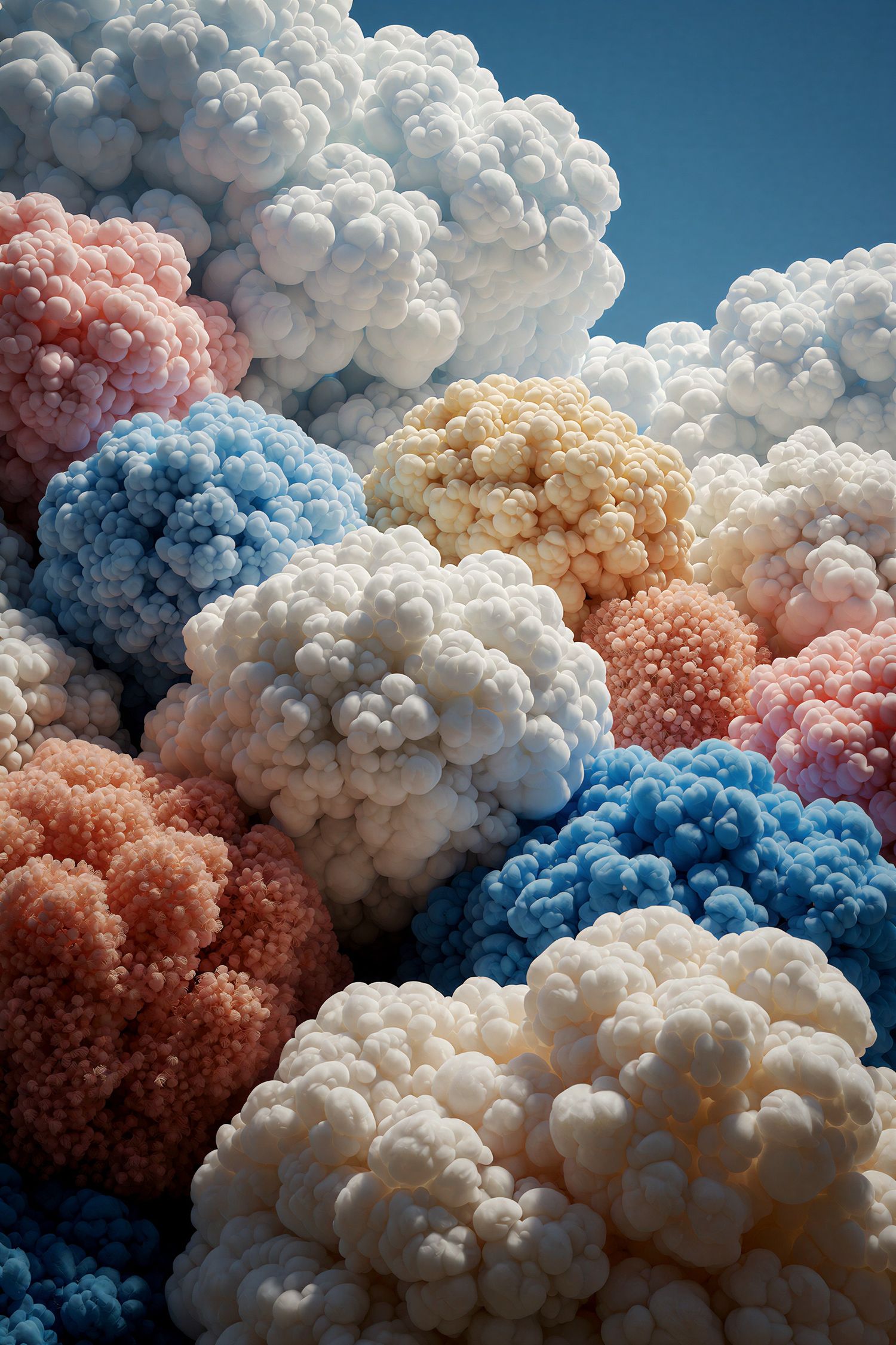 Colorful pastel cloud formations in shades of pink, blue, and cream against sky.