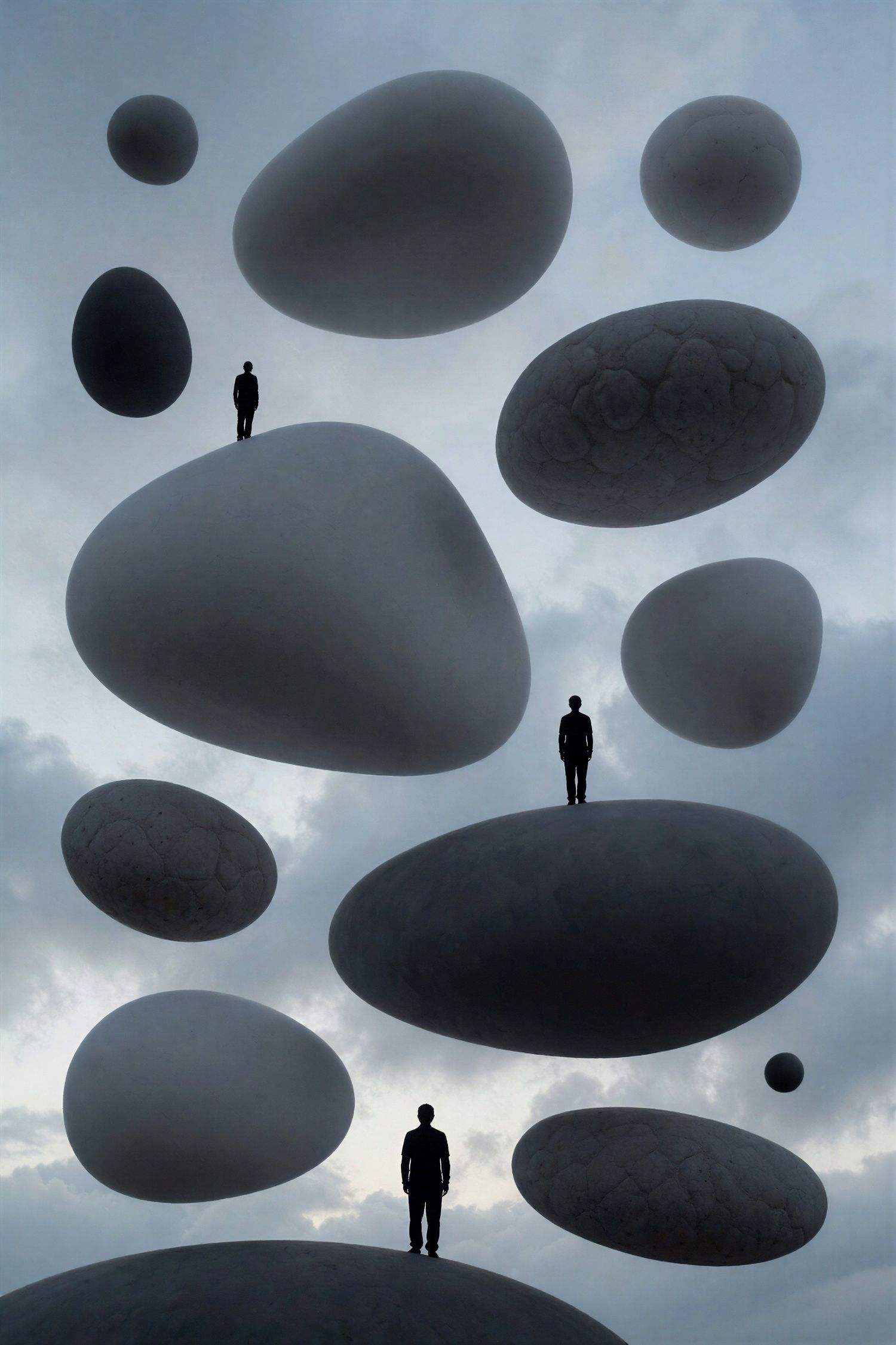 Surreal art of silhouetted figures standing on floating stones in cloudy sky.