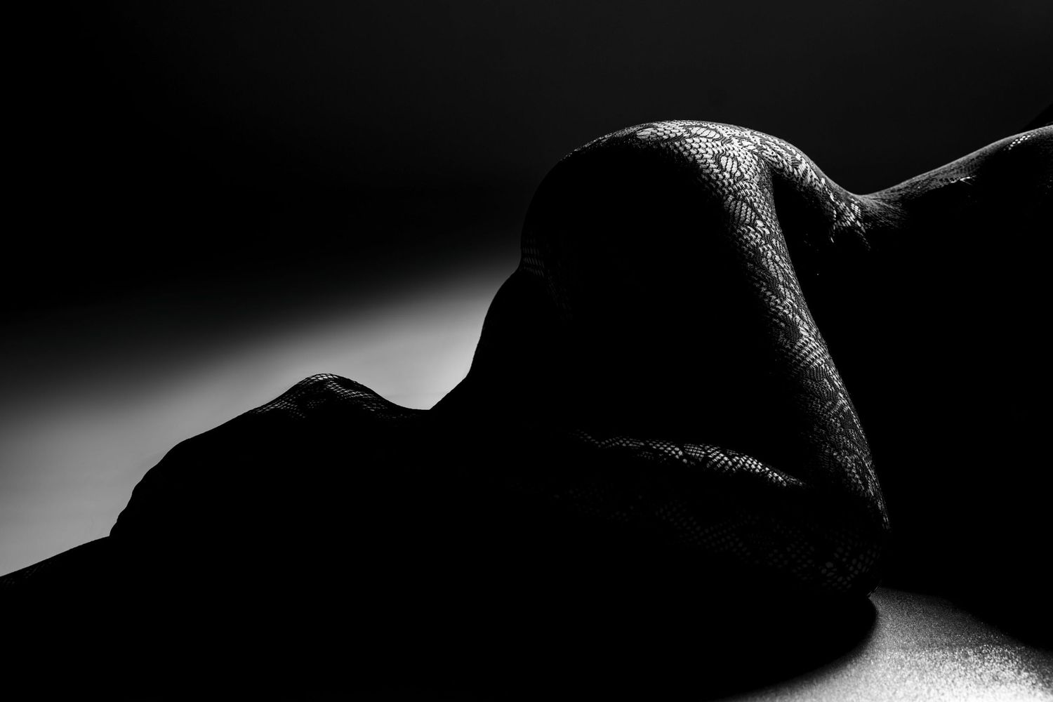 Minimalist black and white fine art nude silhouette with dramatic low-key studio lighting.