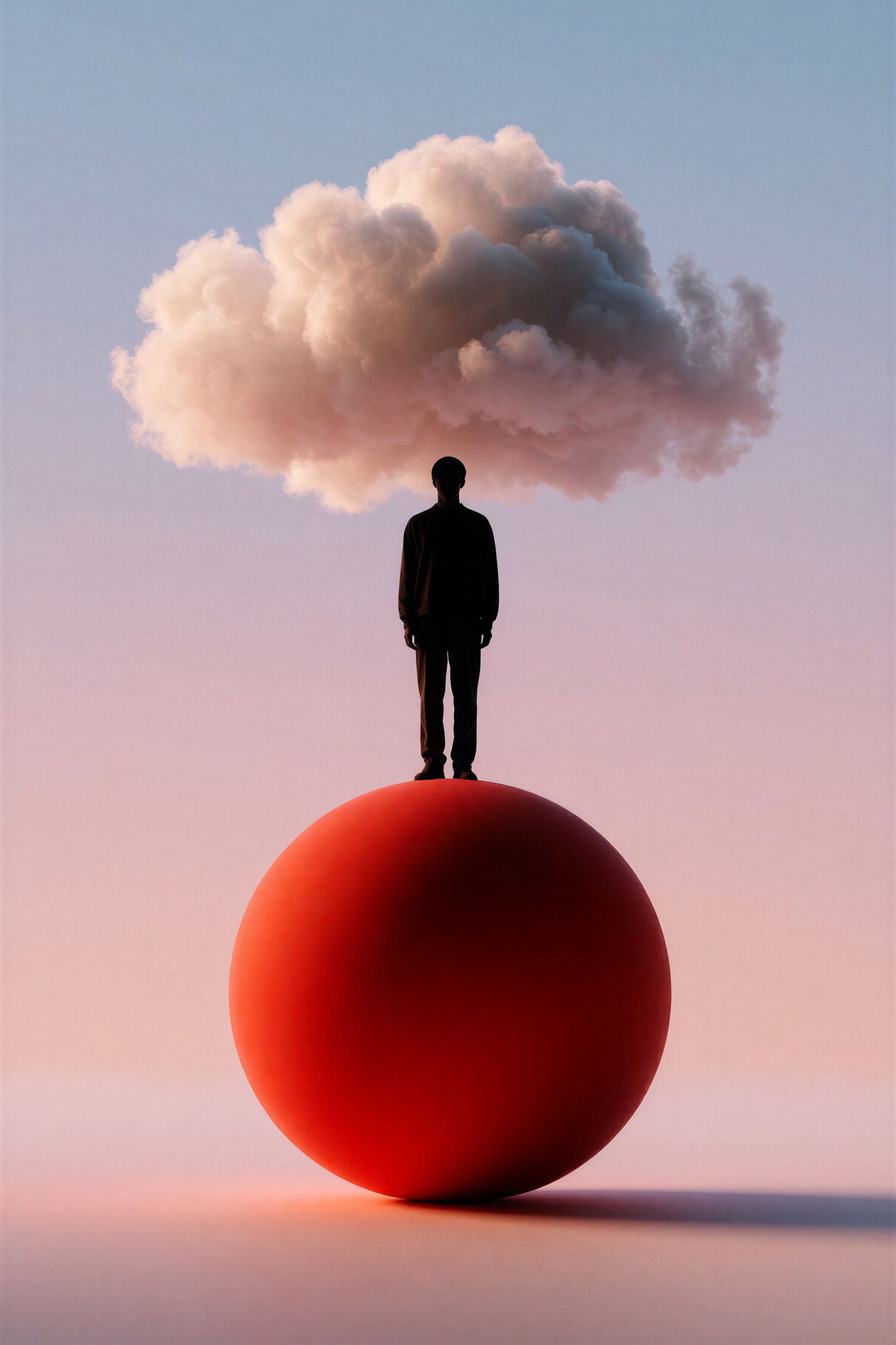 A silhouetted figure stands on a red sphere beneath a single white cloud.
