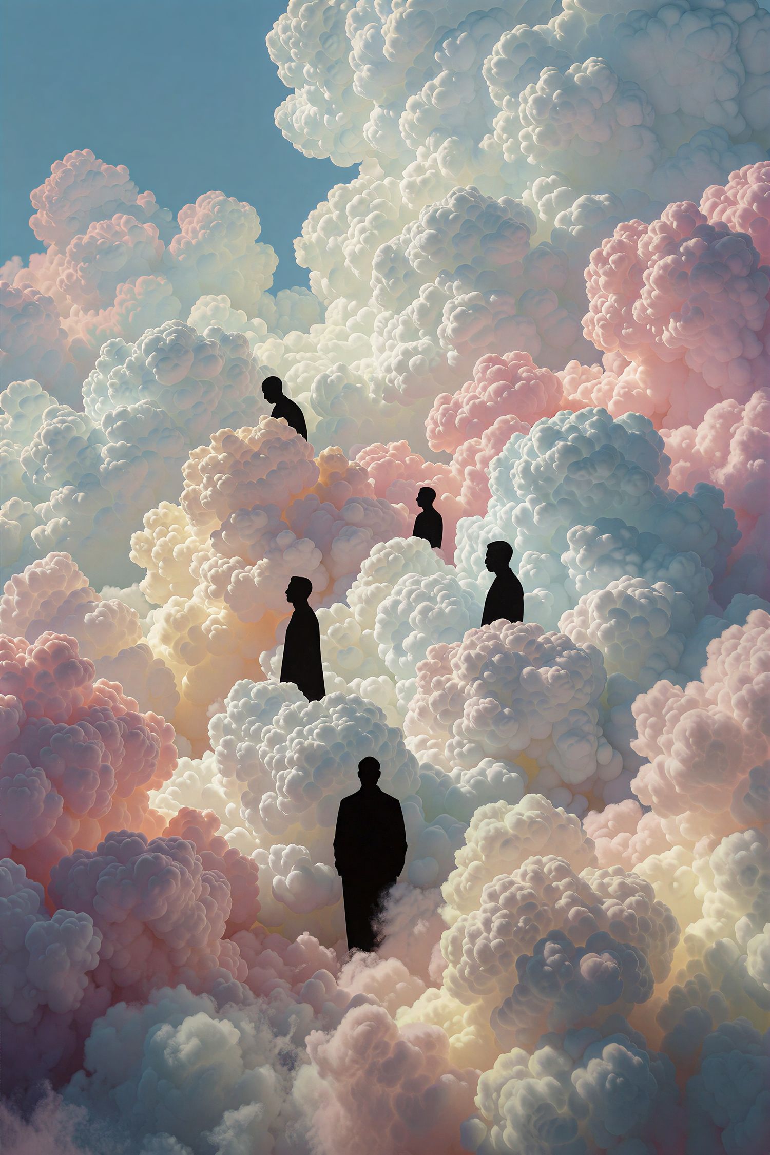 Silhouettes of people standing among billowing pink and white clouds in sky.