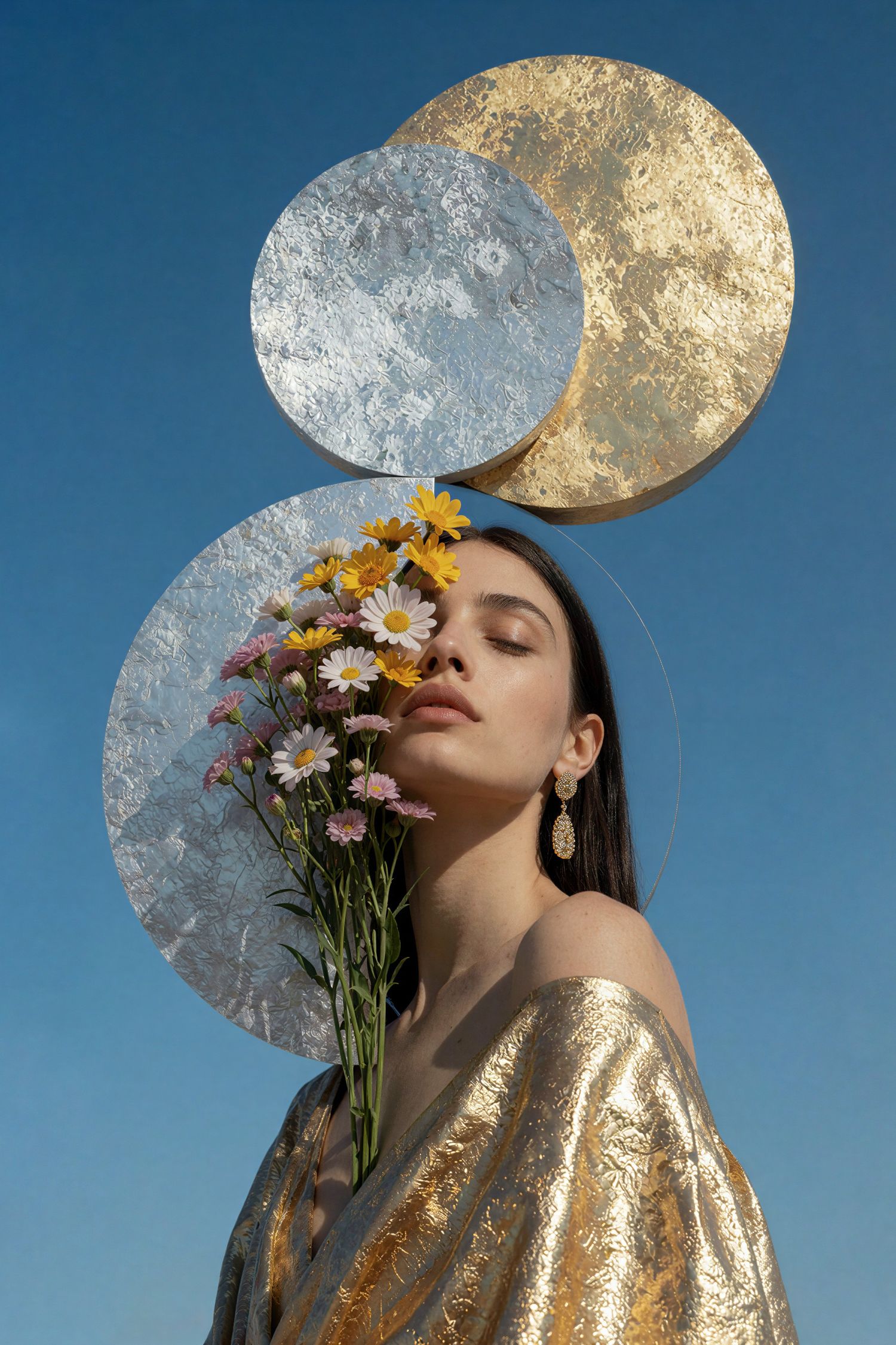 Woman in gold dress holding wildflowers with metallic circle discs against blue sky.