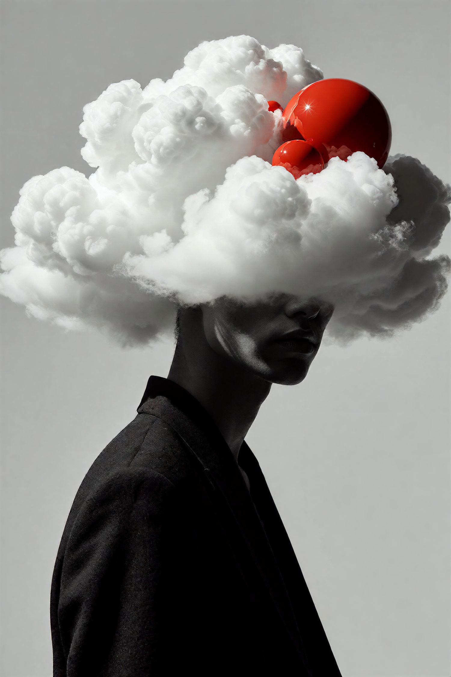 Surreal black and white portrait of a person with a white cloud and red balloons as head.