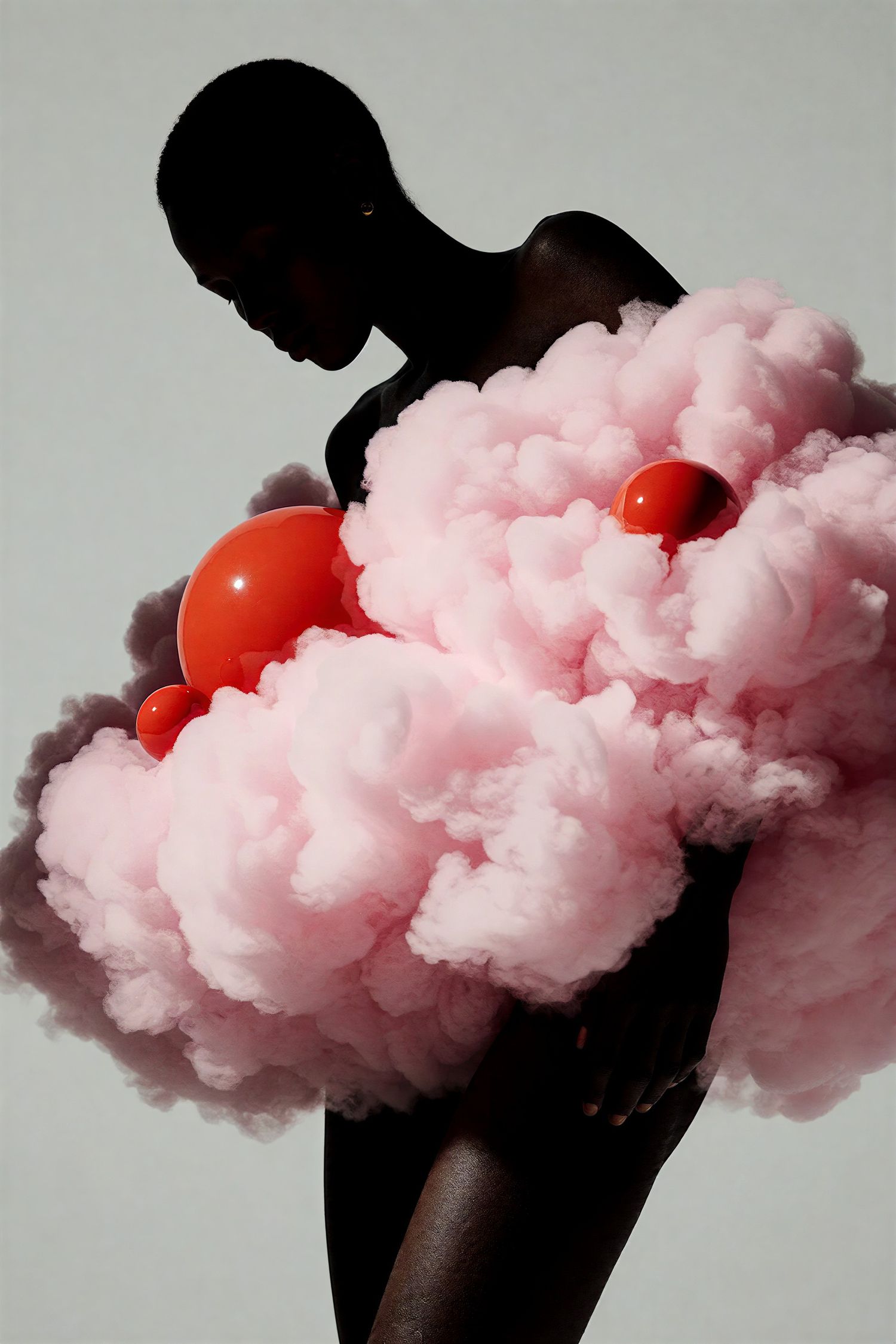 Dark silhouette figure surrounded by pink cloud-like smoke with red balloons.