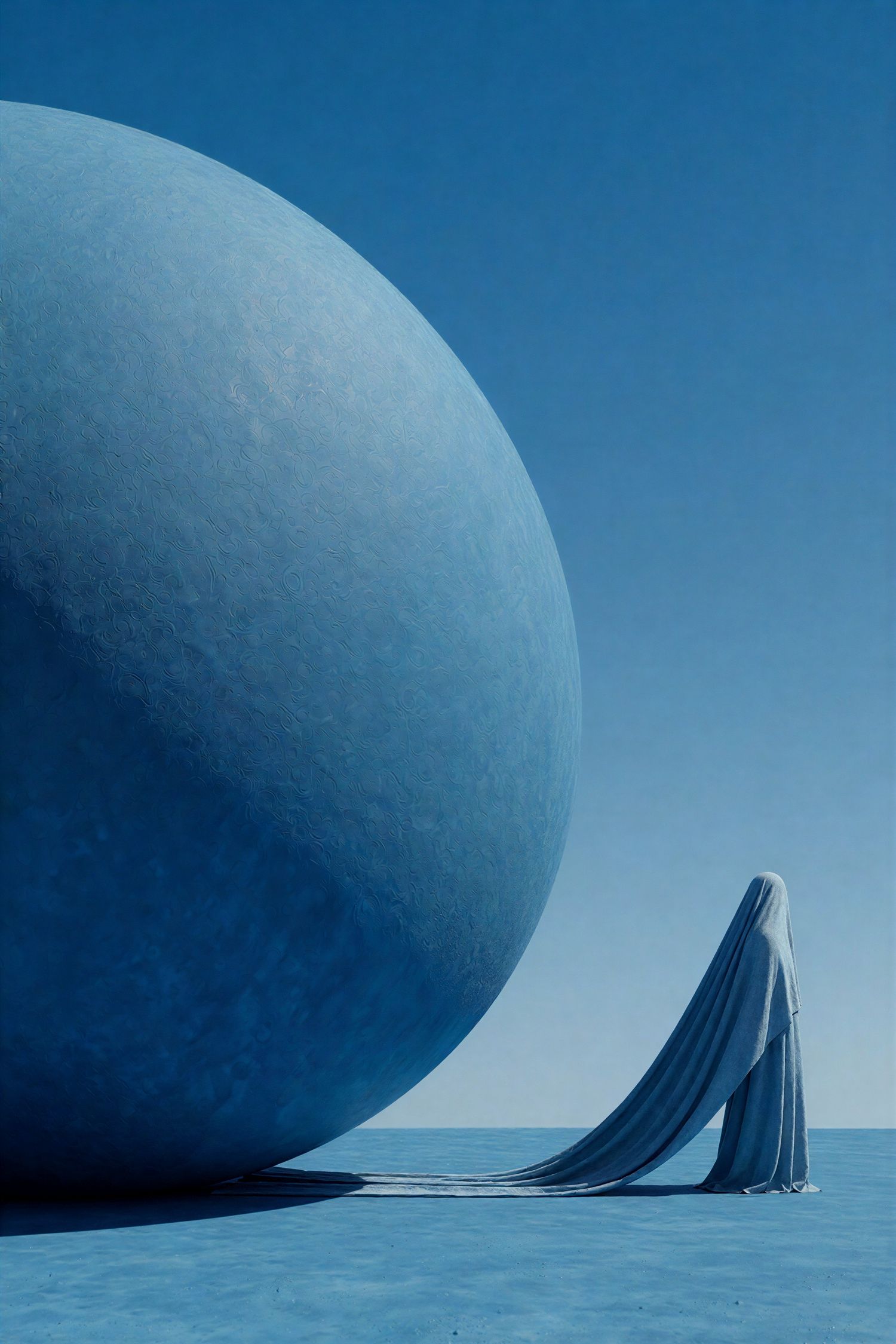 A cloaked figure in blue standing beside an enormous textured blue sphere on a vast blue plain.