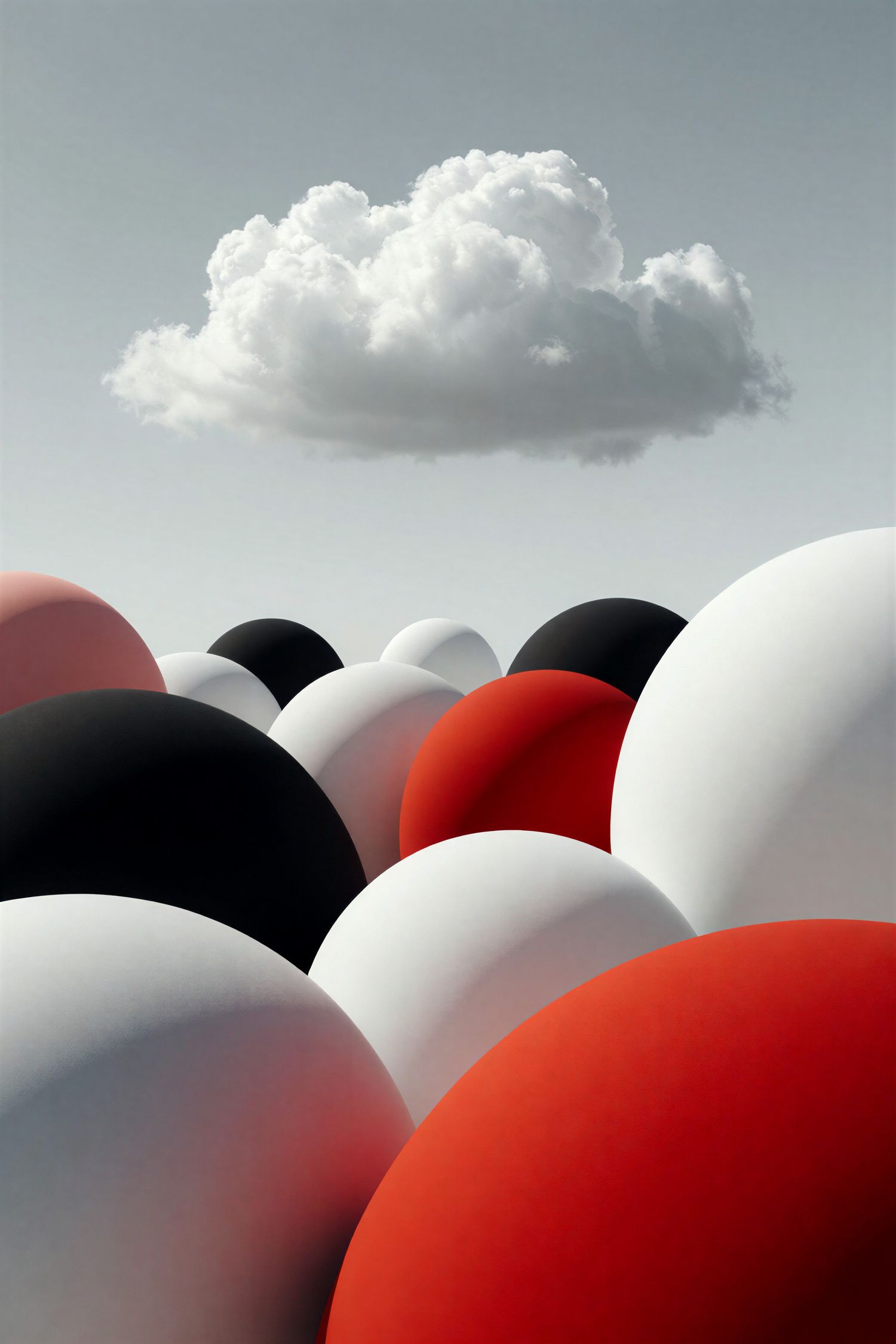 Red, black, and white spheres fill the foreground beneath a single white cloud in a gray sky.