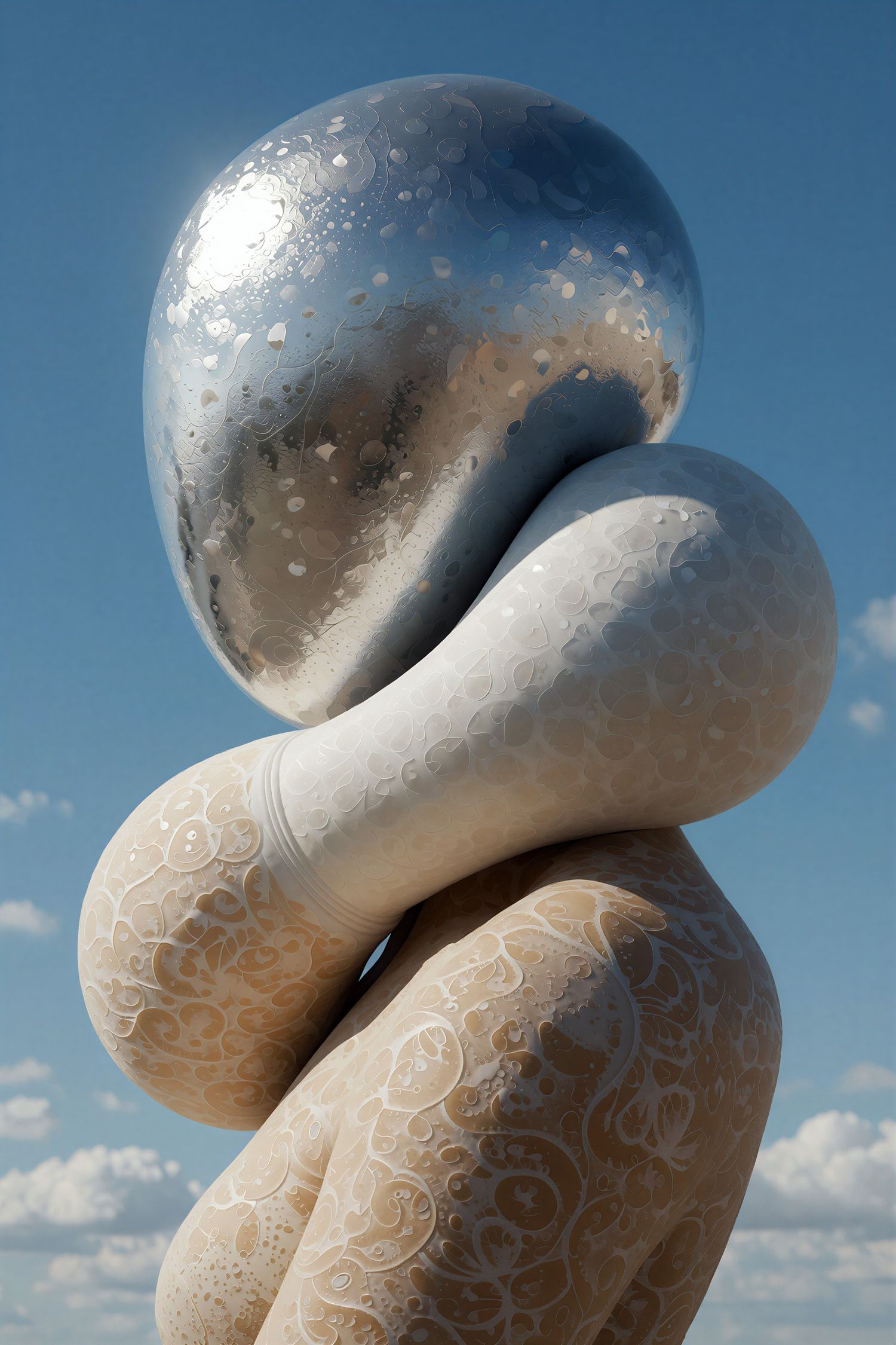 Abstract silver and beige sculptural figure with intricate lace patterns against a blue cloudy sky.