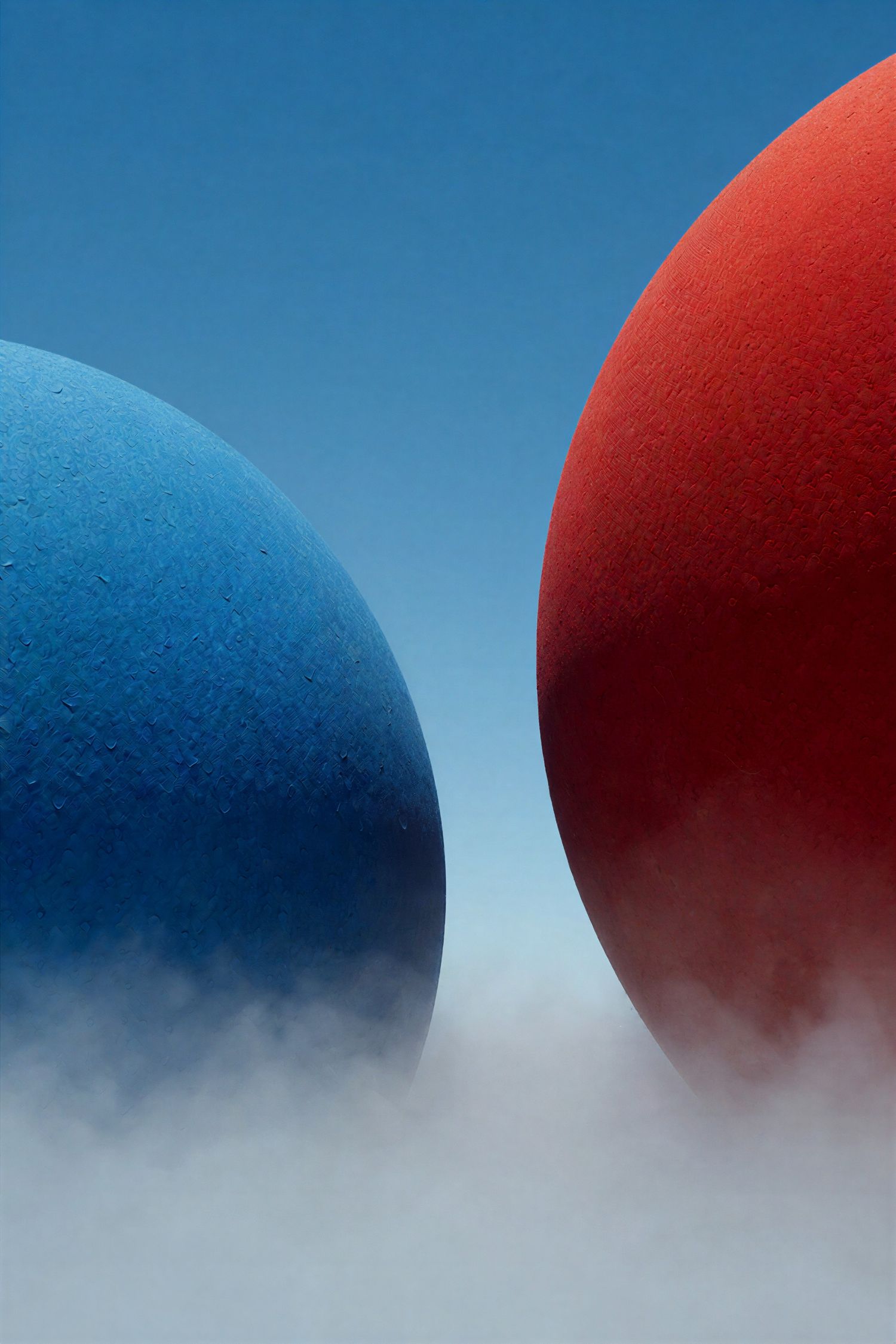 A blue and red textured sphere emerging from white mist against a blue sky.