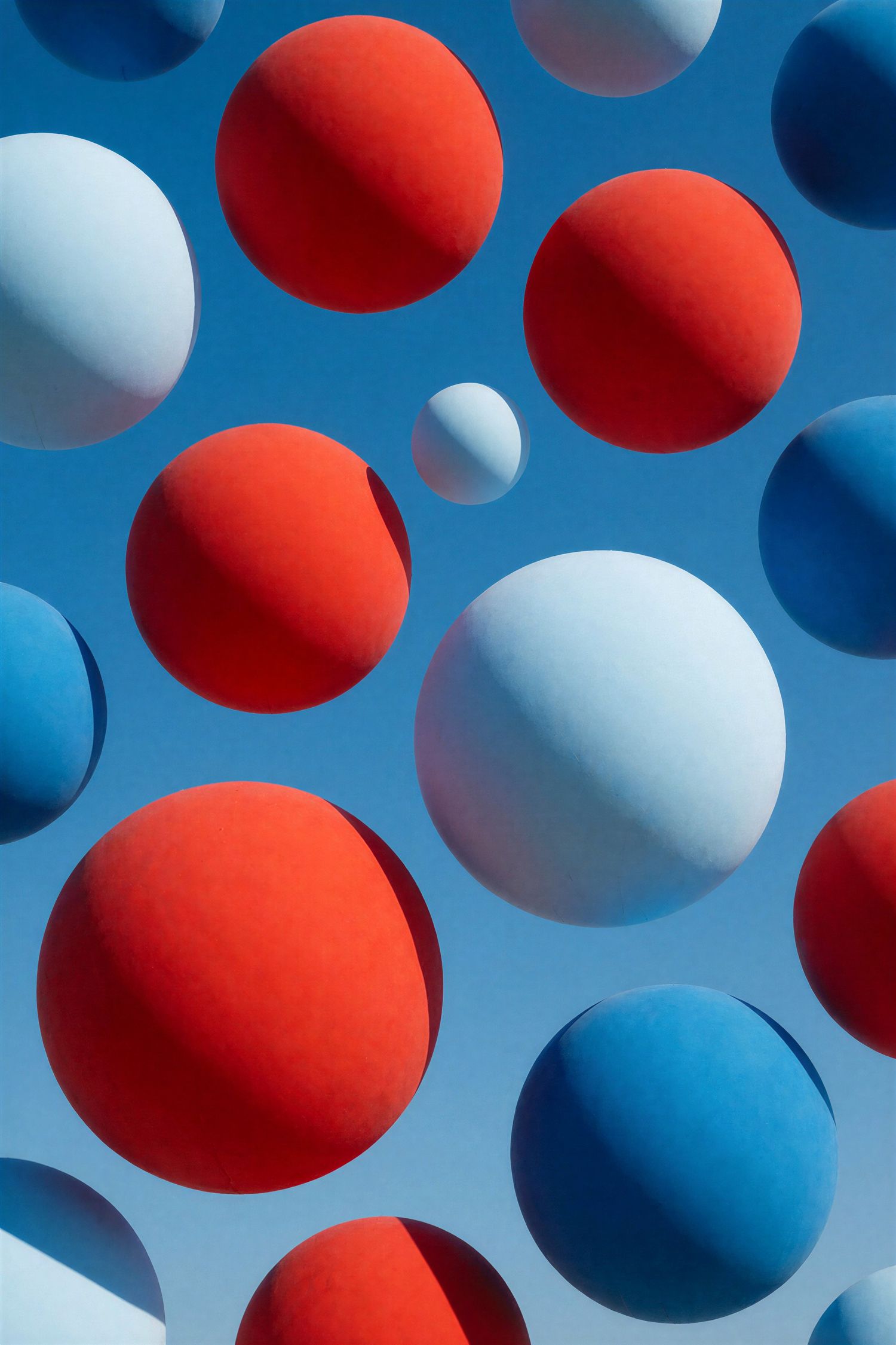 Red, white, and blue spheres floating against a bright blue sky background.