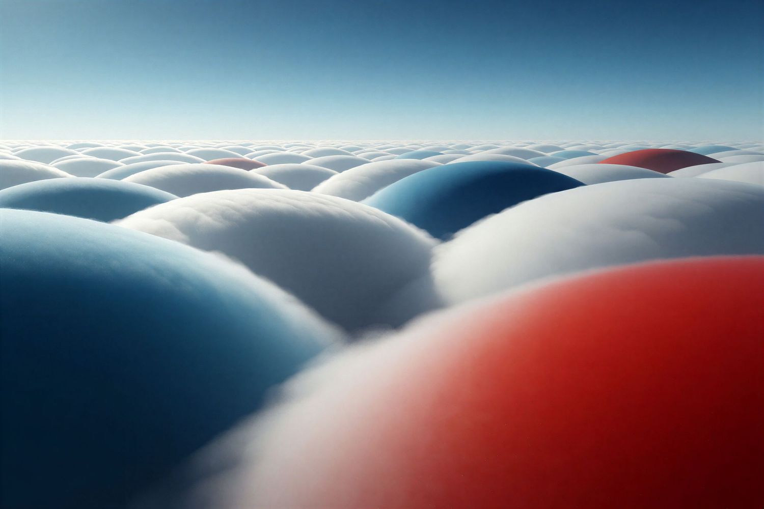 An aerial view of colorful red, white, and blue spheres in soft fog.