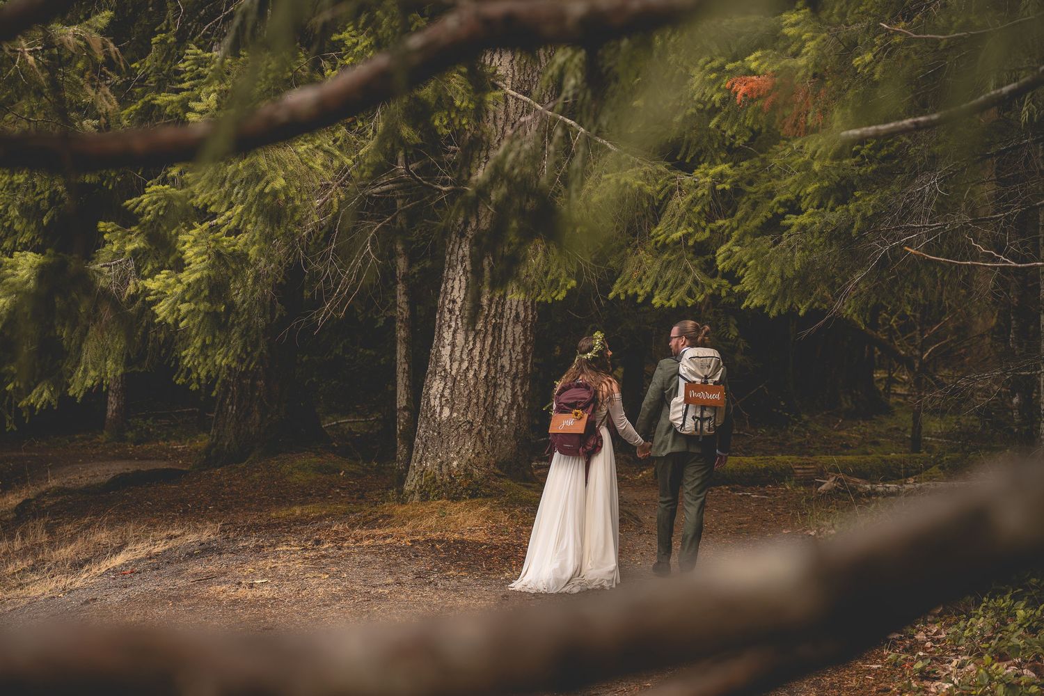 A newlywed couple hikes down a trail in Olympic National Park wearing 